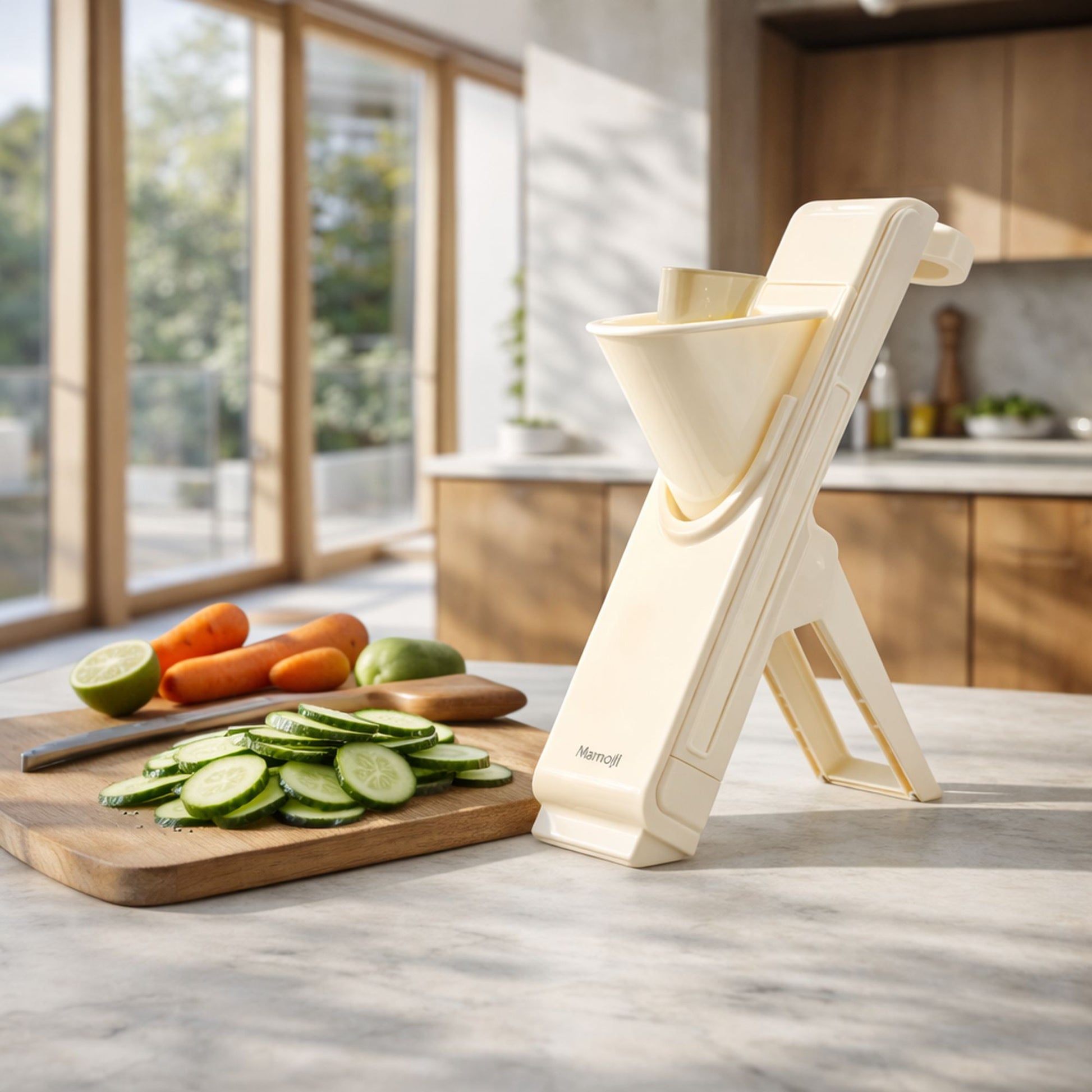 Mandoline verticale en polypropylène blanc avec concombres tranchés, posée sur plan de travail de cuisine moderne