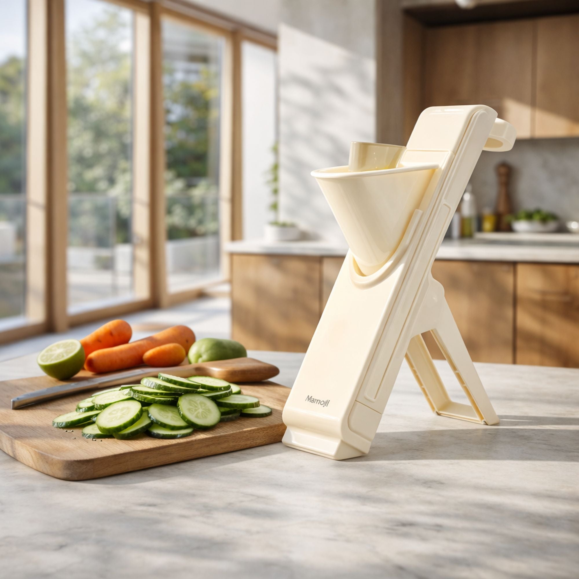Mandoline verticale en polypropylène blanc avec concombres tranchés, posée sur plan de travail de cuisine moderne