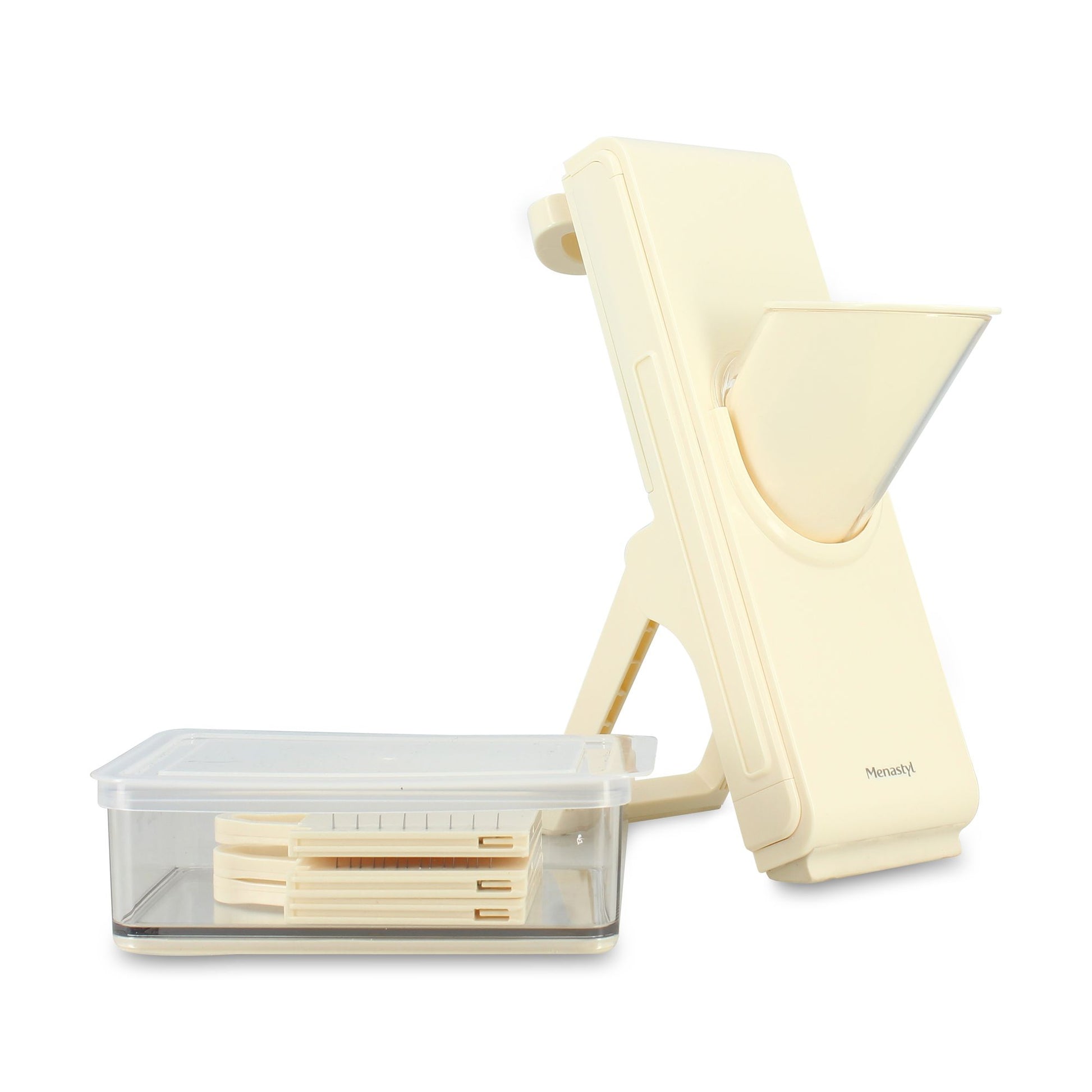 Mandoline verticale Menastyl couleur crème avec son bac de récupération transparent et ses lames interchangeables, vue d'ensemble