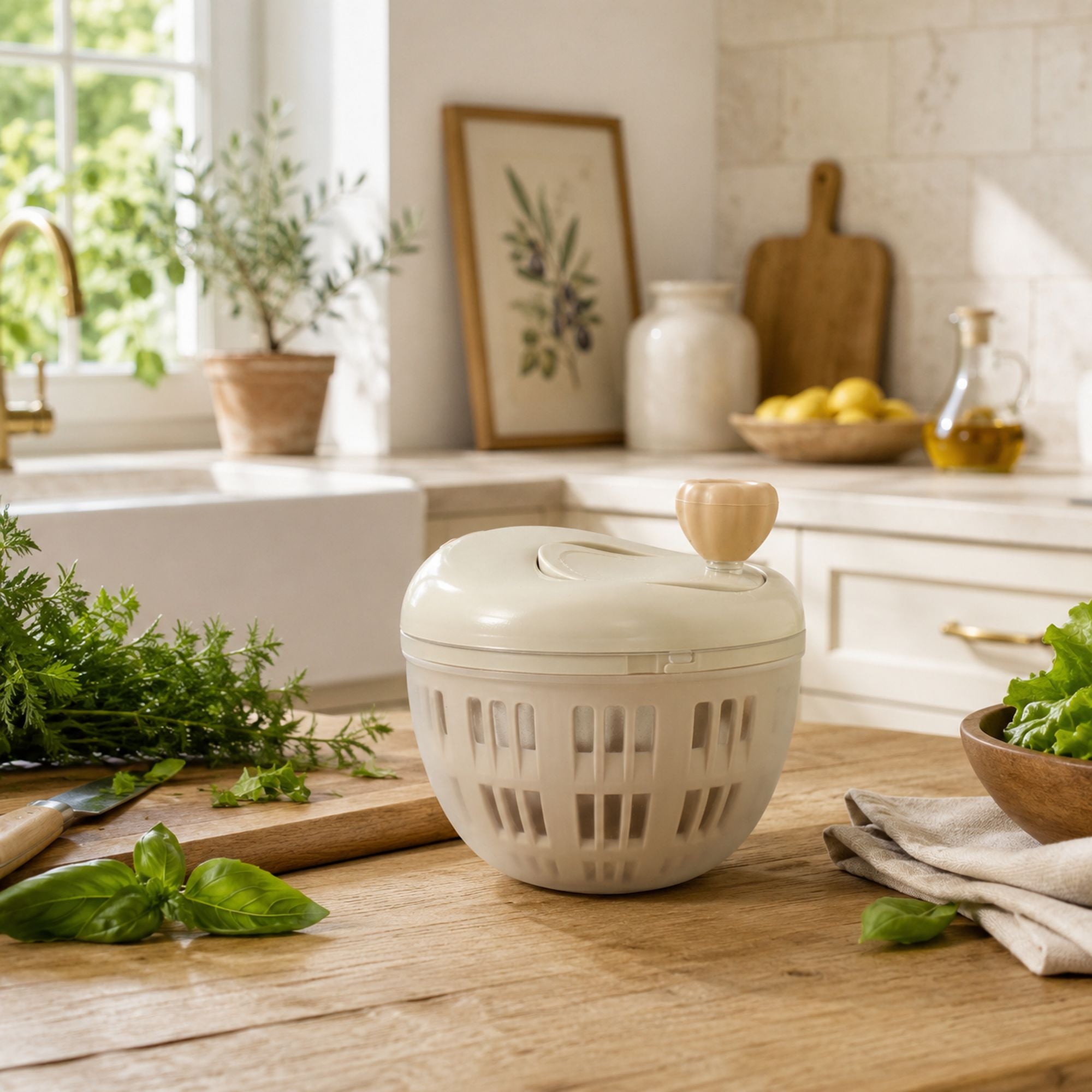 Mini essoreuse à herbes crème en polypropylène sur planche bois, entourée de persil et basilic frais dans cuisine claire