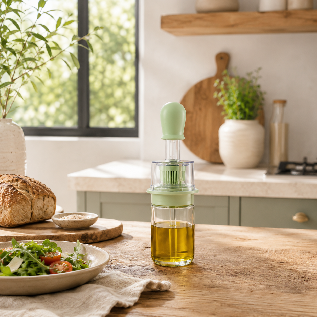 Bouteille d'huile avec brosse en verre et silicone vert sur table en bois dans cuisine moderne lumineuse