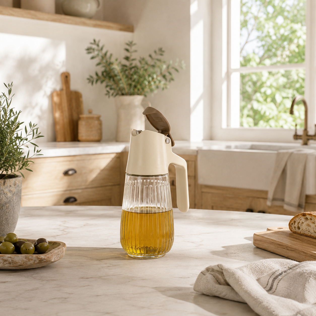 Bouteille d'huile en verre avec bec verseur crème, posée sur plan de travail cuisine moderne avec olives