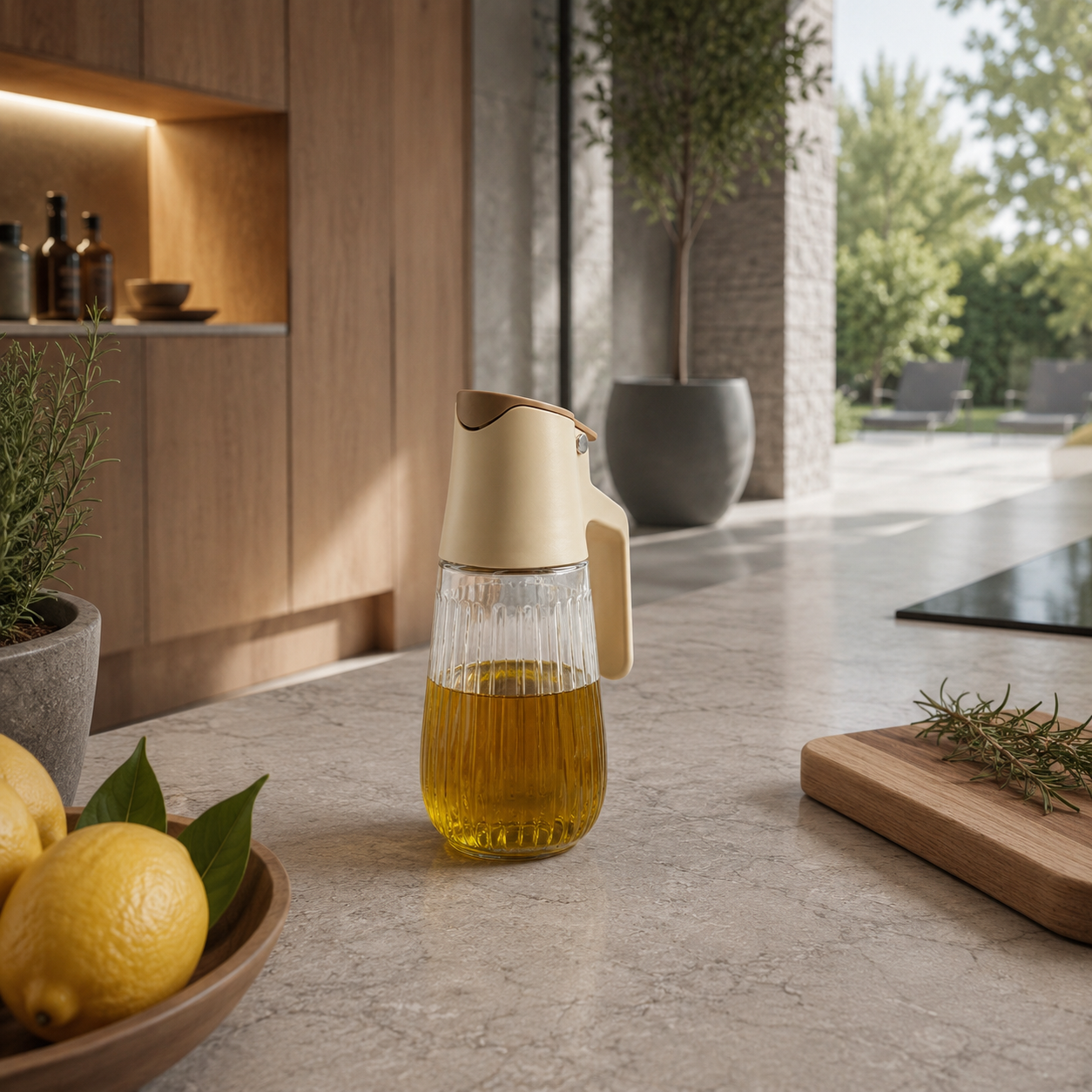 Bouteille d'huile en verre côtelé et polypropylène crème sur plan de travail, ambiance cuisine moderne