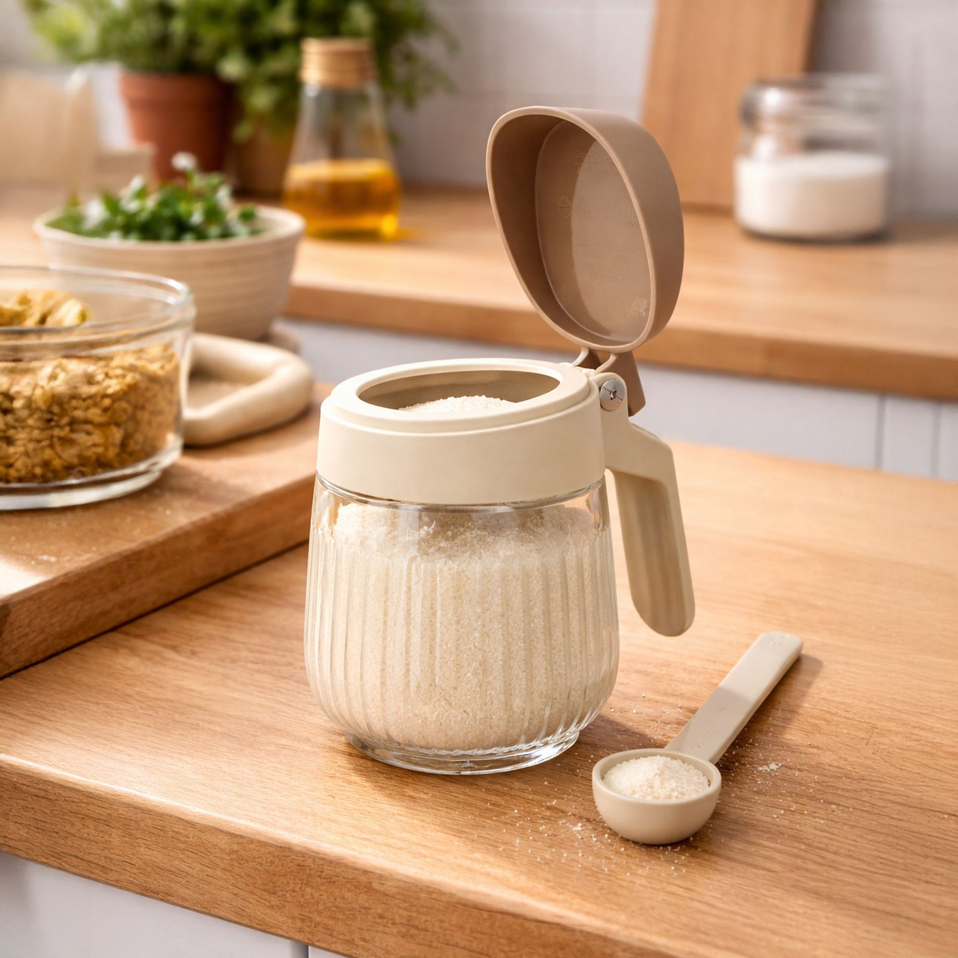 Bocal à épices en verre avec couvercle crème ouvert, rempli de sucre sur planche bois avec cuillère doseuse