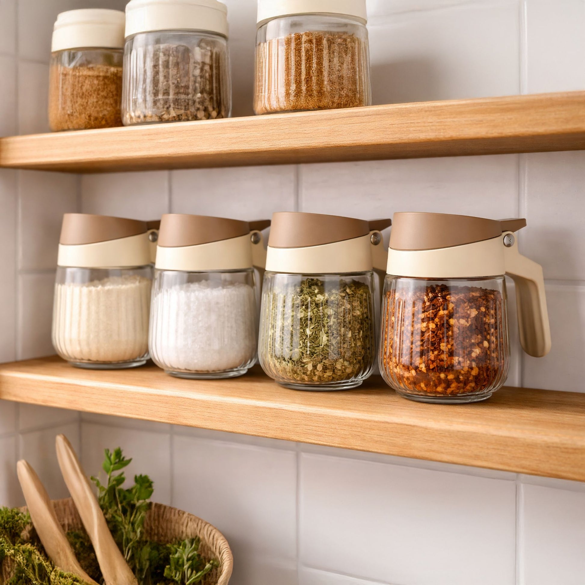 Bocaux à épices en verre et polypropylène crème rangés sur étagères en bois, vue d'ambiance cuisine