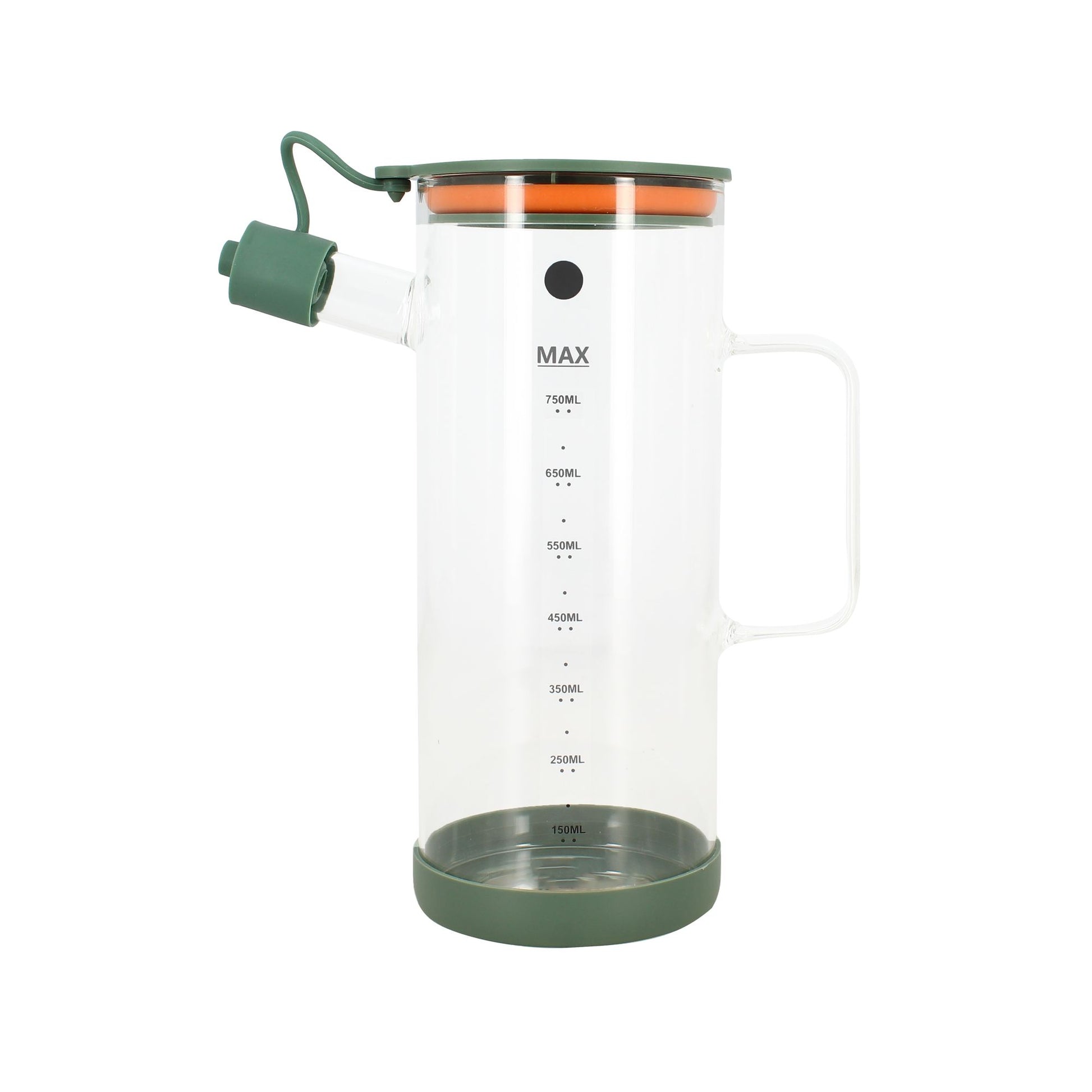 Huilier 75cl en verre transparent avec graduation et bouchon céladon Menastyl, vue de face sur fond blanc