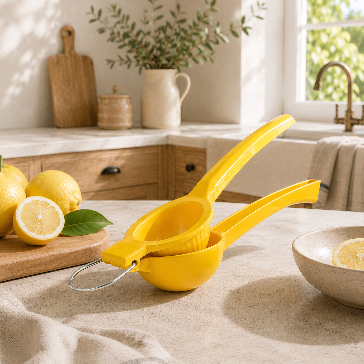 Presse-citron aluminium jaune 22cm posé sur plan de travail avec citrons frais en arrière-plan