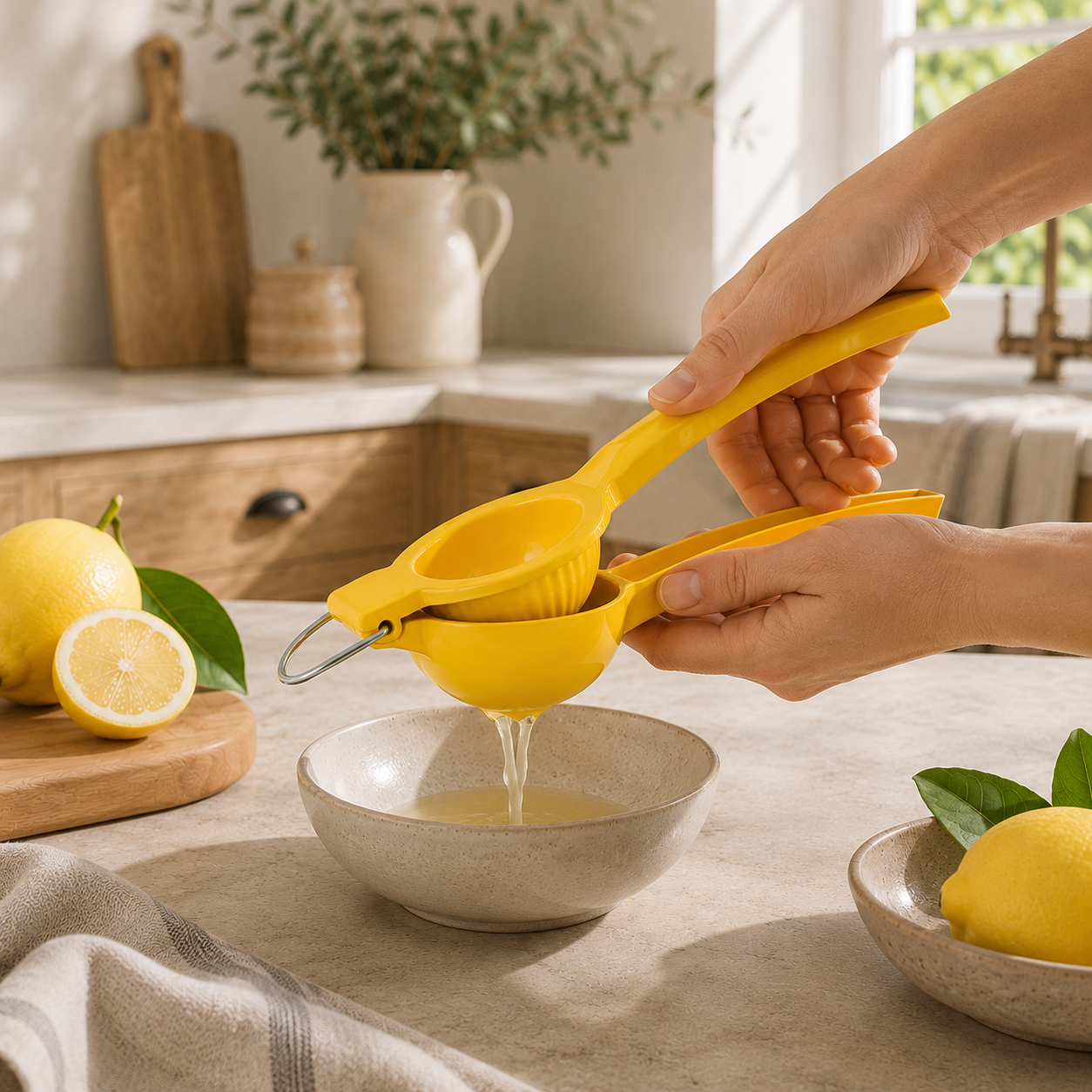 Mains utilisant un presse-citron jaune en aluminium au-dessus d'un bol, jus coulant dans le récipient