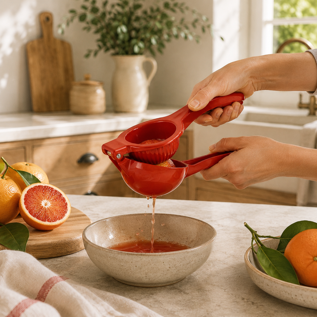 Mains utilisant un presse-orange rouge en aluminium pour extraire du jus d'agrume dans un bol beige