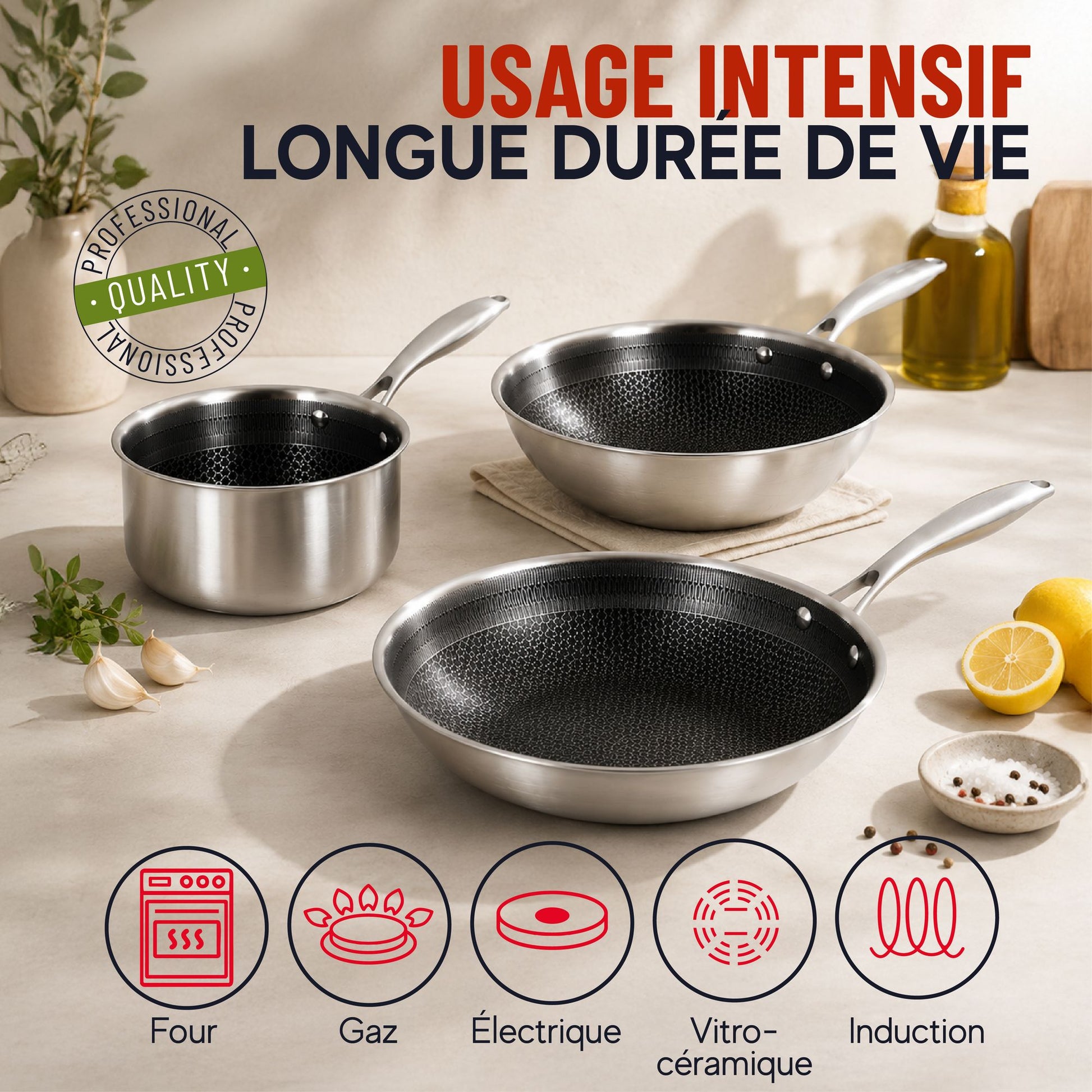 Lot de 5 pièces Trinox en inox avec revêtement antiadhésif, compatible tous feux dont induction