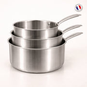 Set de 3 casseroles Triply Menastyl en acier inoxydable empilées avec poignées courbes, fabrication française