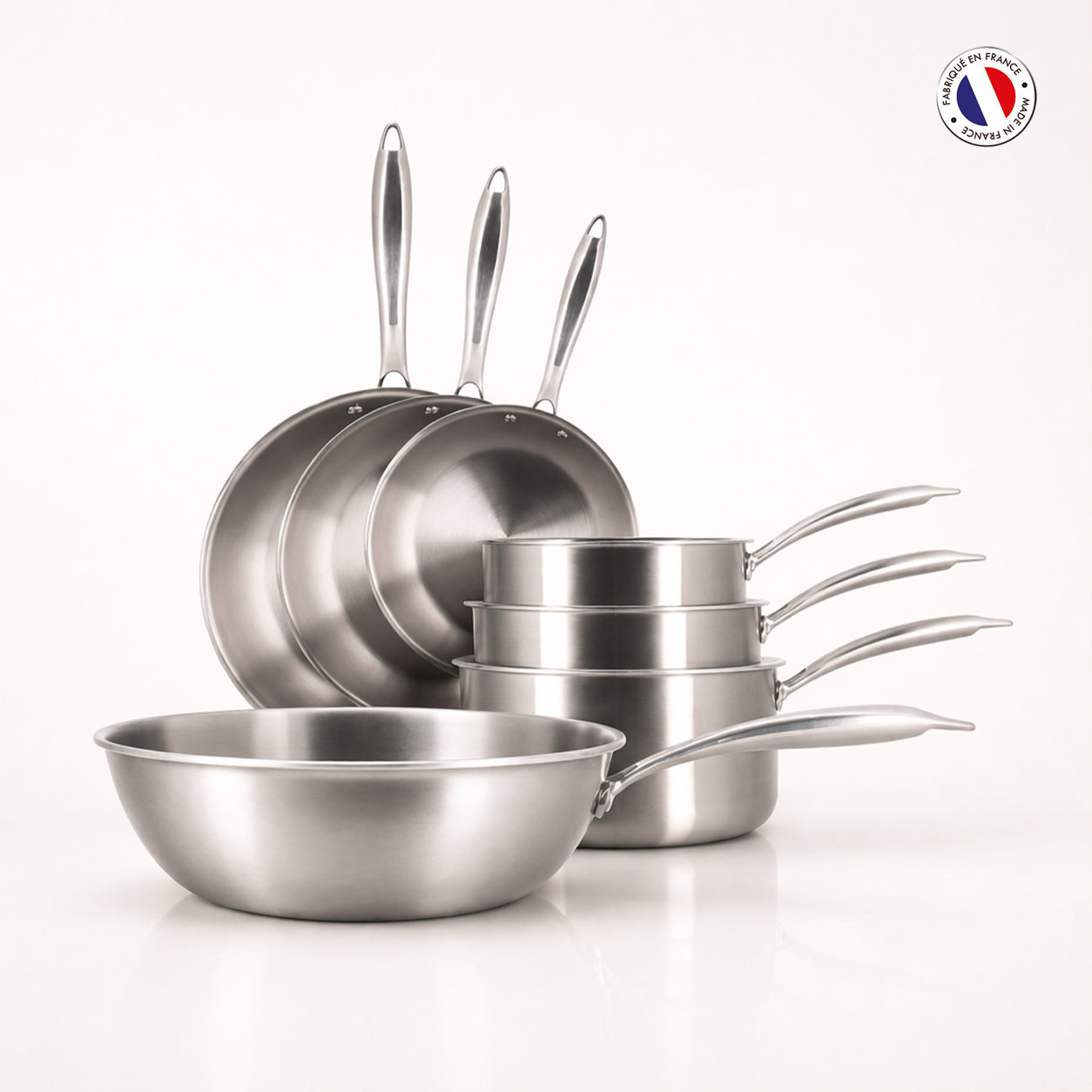 Set de 7 pièces Triply Menastyl en acier inoxydable triple couche, batterie complète avec poêles, casseroles et wok