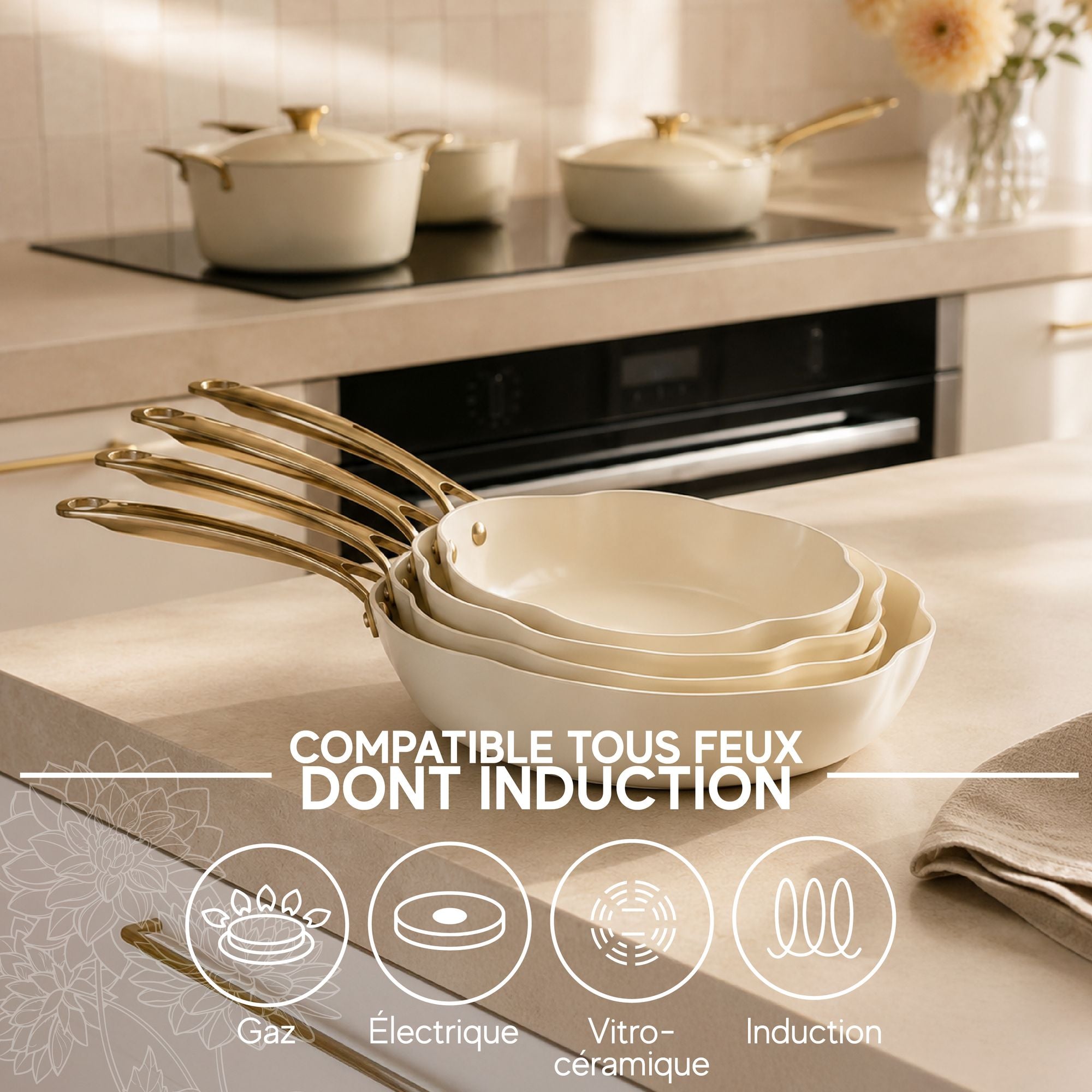 Set of 3 Dahlia pans in beige recycled aluminum