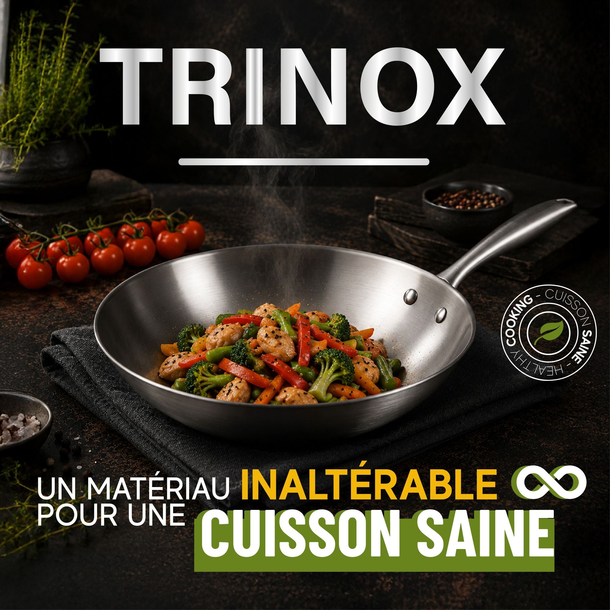 Poêle wok Trinox en acier inoxydable avec légumes sautés et poulet, vapeur de cuisson visible