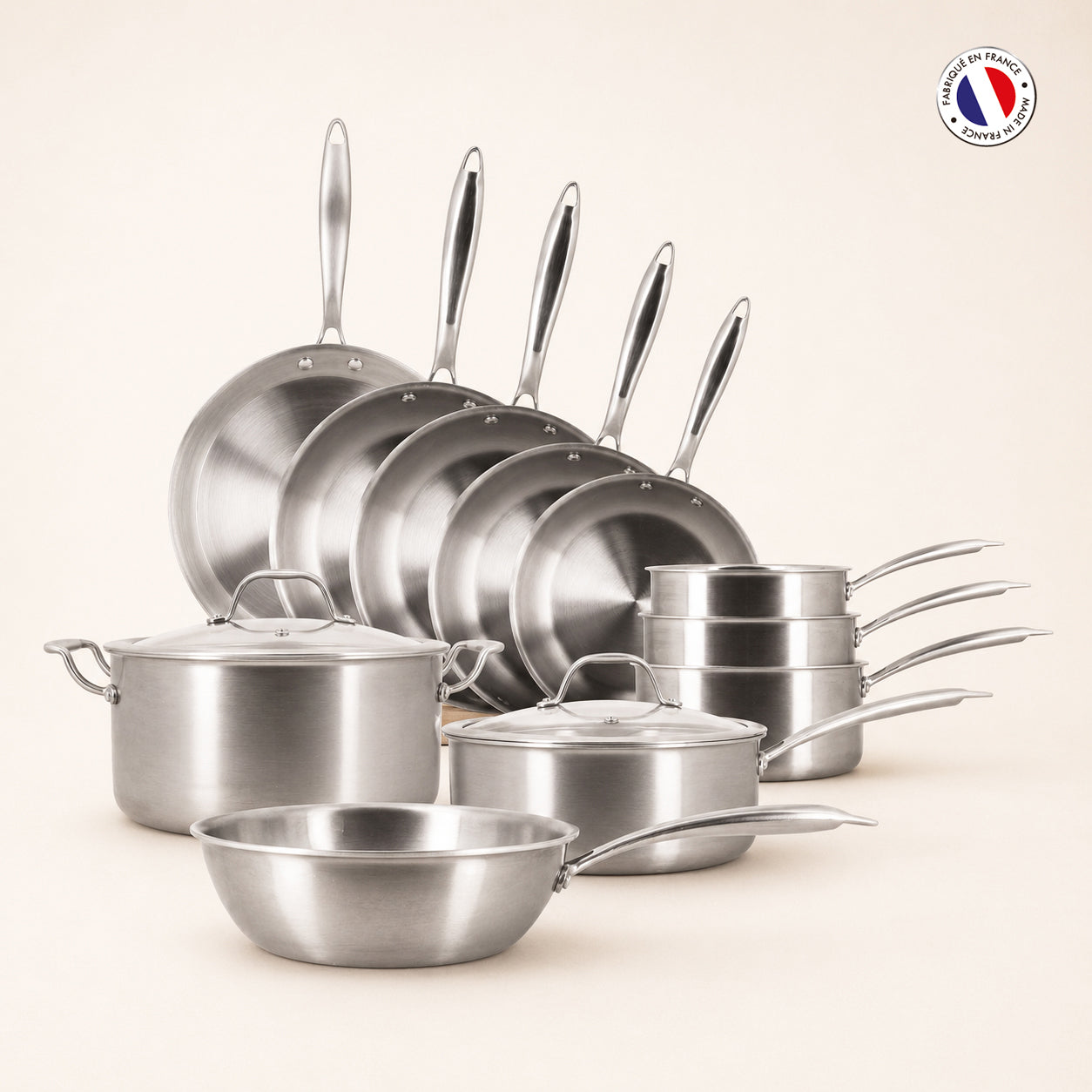 Set de 11 pièces Triply Menastyl en acier inoxydable : poêles, casseroles, wok et faitout, fabrication française
