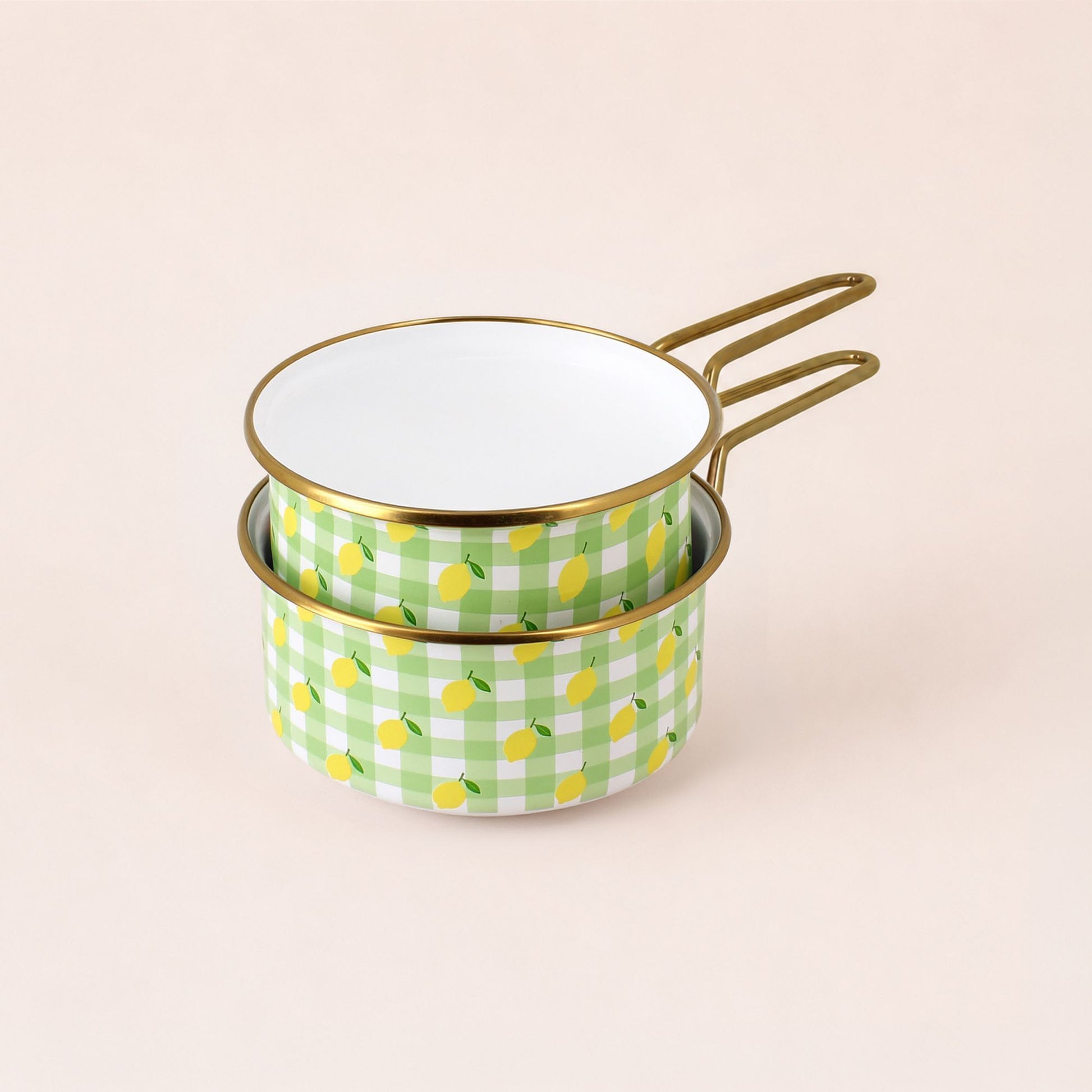 Lot de 2 casseroles empilées en acier émaillé motif vichy vert et citrons jaunes, avec anses dorées