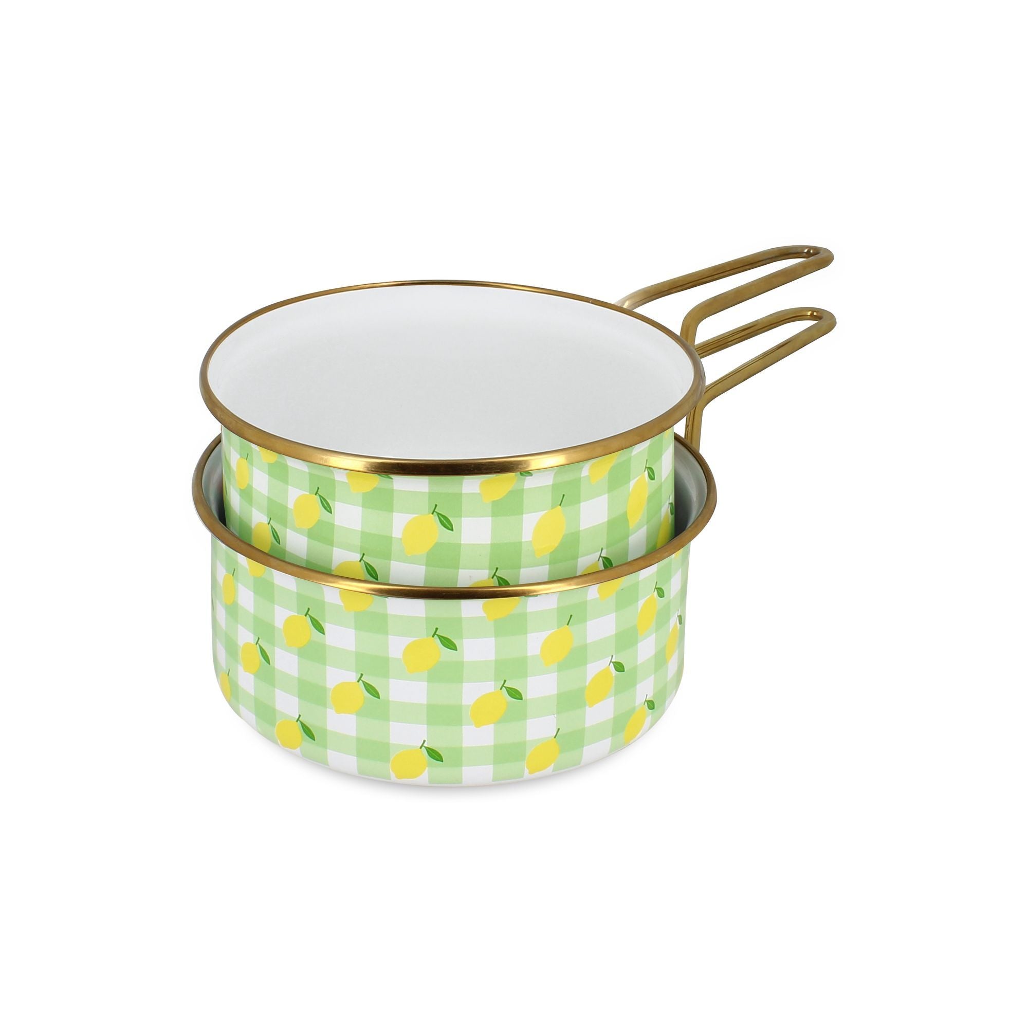 Lot de 2 casseroles Vichy Citron en acier émaillé Menastyl, motif carreaux verts et citrons jaunes, liserés dorés