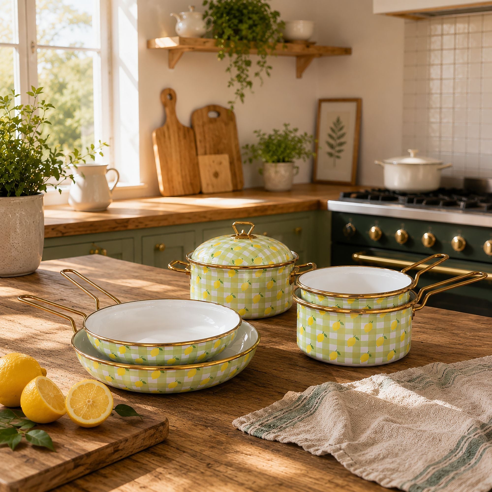 Set de 5 pièces Vichy Citron en acier émaillé motif carreaux jaunes et citrons sur table bois cuisine lumineuse