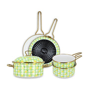 Set de 5 pièces Vichy Citron Menastyl en acier émaillé, motif vichy vert et citrons, avec casseroles et poêles à poignées dorées