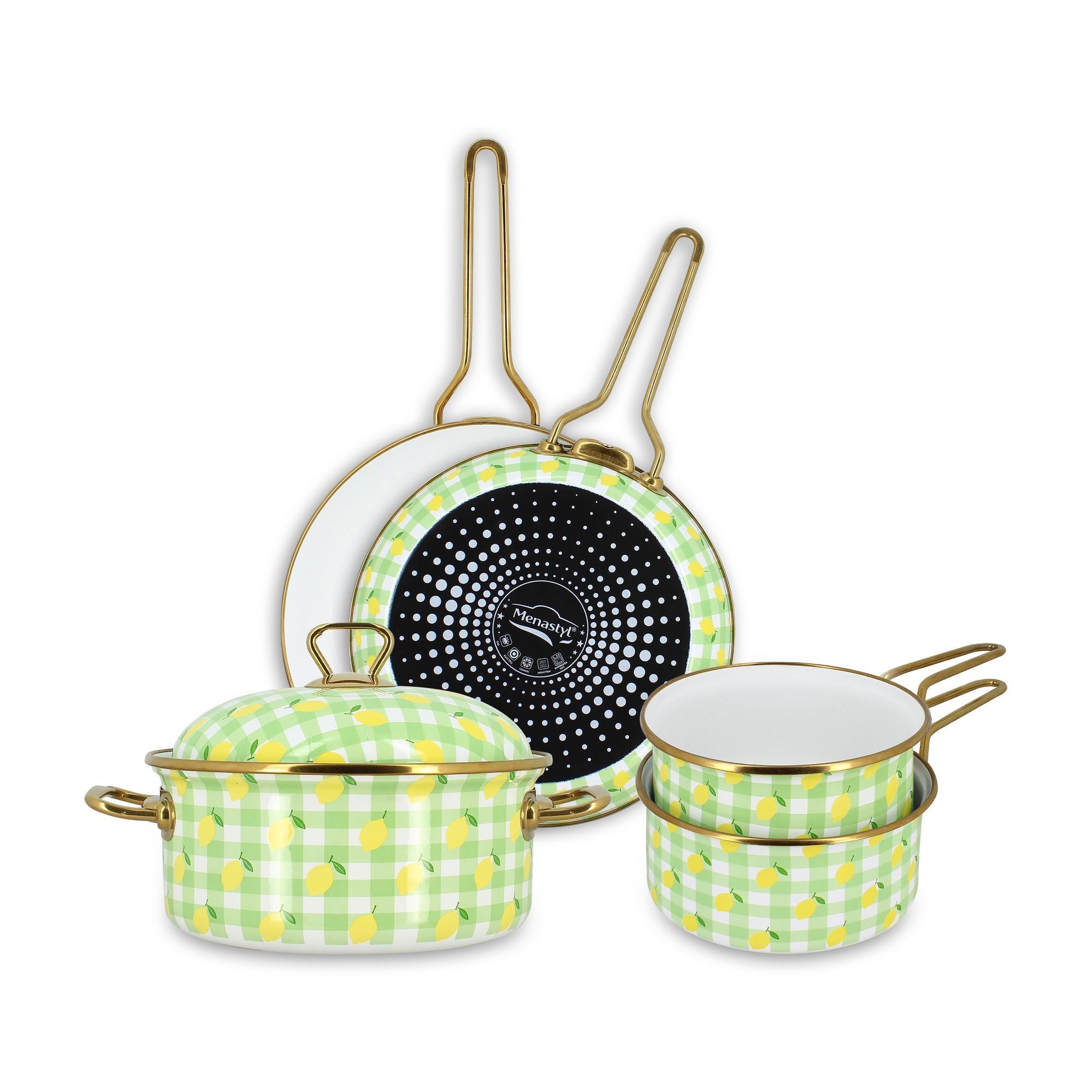 Set de 5 pièces Vichy Citron Menastyl en acier émaillé, motif vichy vert et citrons, avec casseroles et poêles à poignées dorées