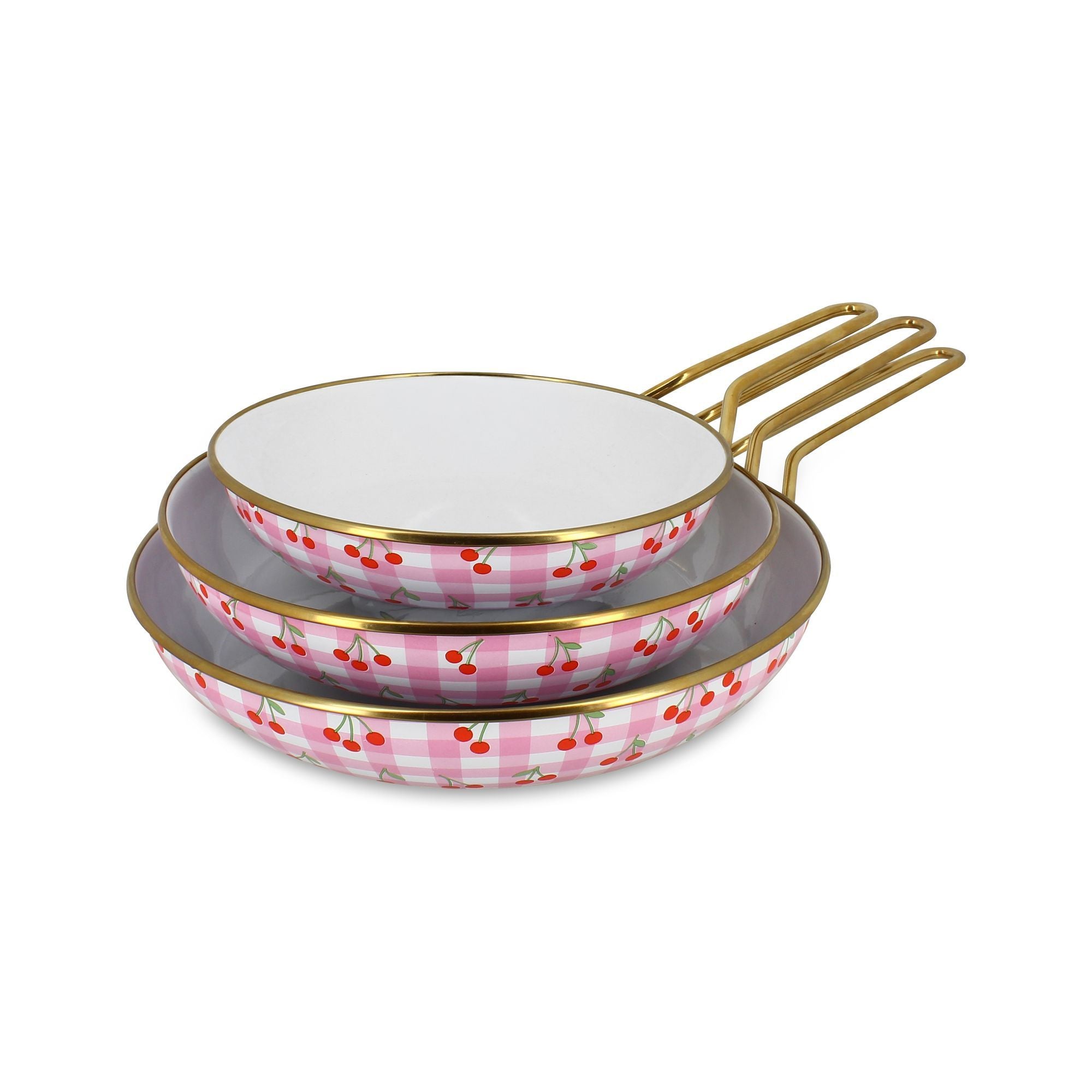 Lot de 3 poêles Vichy Cerise Menastyl en acier émaillé rose à motif cerises et vichy, empilées avec manches dorés