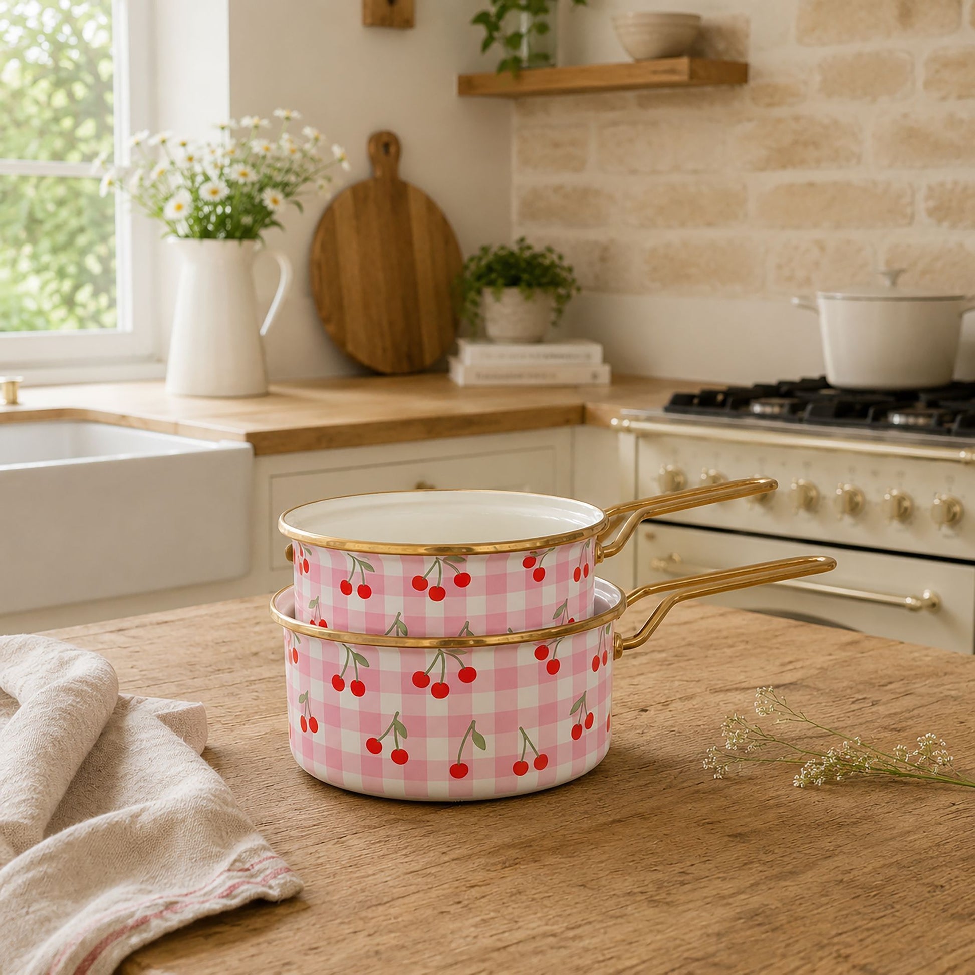 Lot de 2 casseroles Vichy Cerise à motif carreaux roses et cerises rouges, posées sur plan de travail bois dans cuisine lumineuse