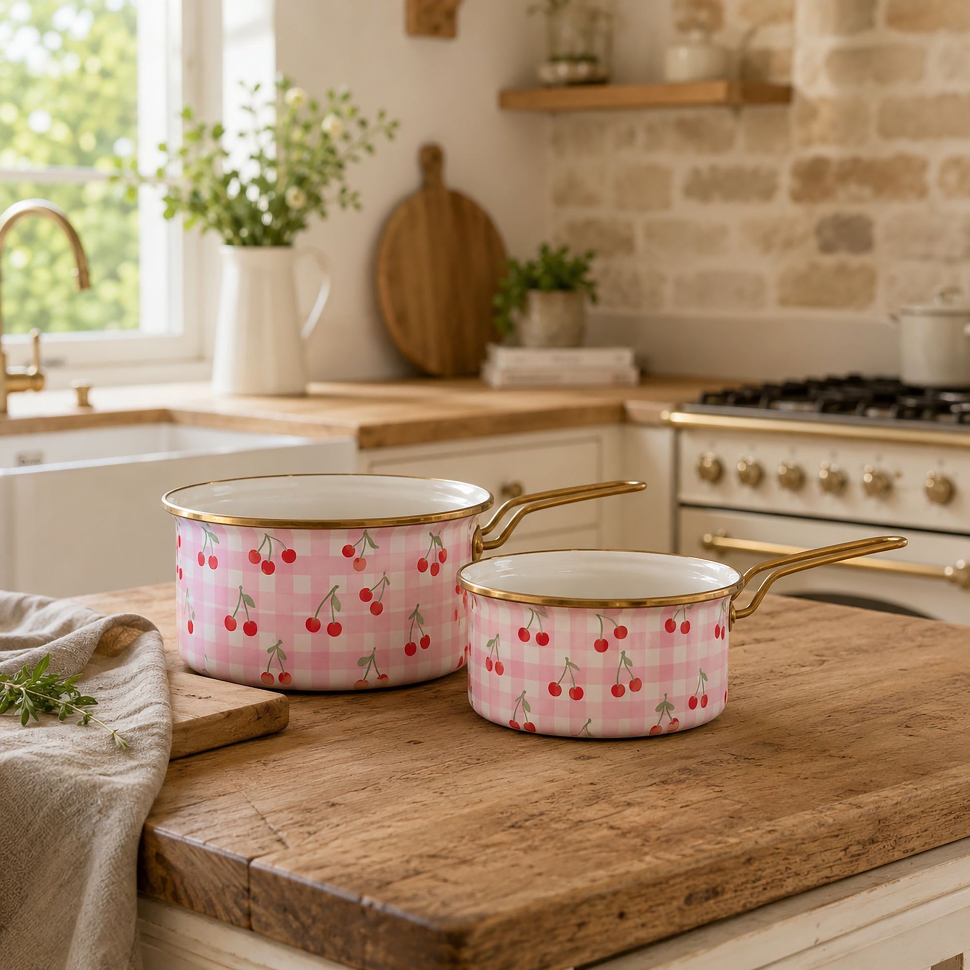 Lot de 2 casseroles Vichy Cerise roses à motif carreaux et cerises, posées sur planche bois dans cuisine lumineuse