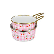 Lot de 2 casseroles Vichy Cerise Menastyl en acier émaillé rose à motifs cerises et carreaux vichy empilées