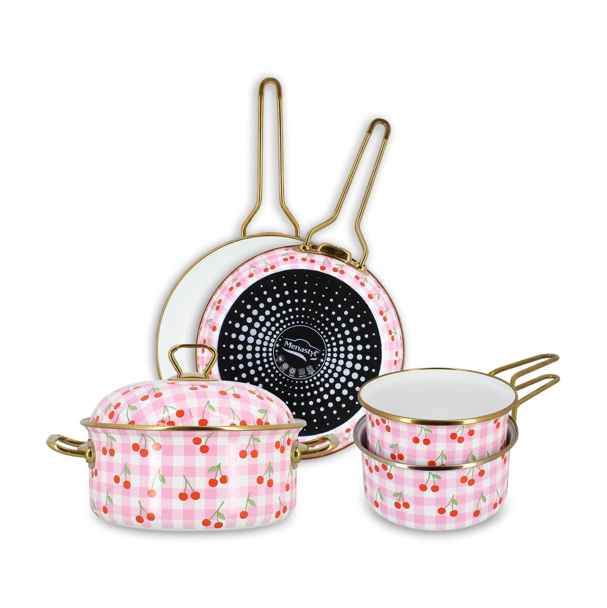 Set de 5 pièces Vichy Cerise Menastyl en acier émaillé rose à motifs cerises et carreaux vichy avec anses dorées
