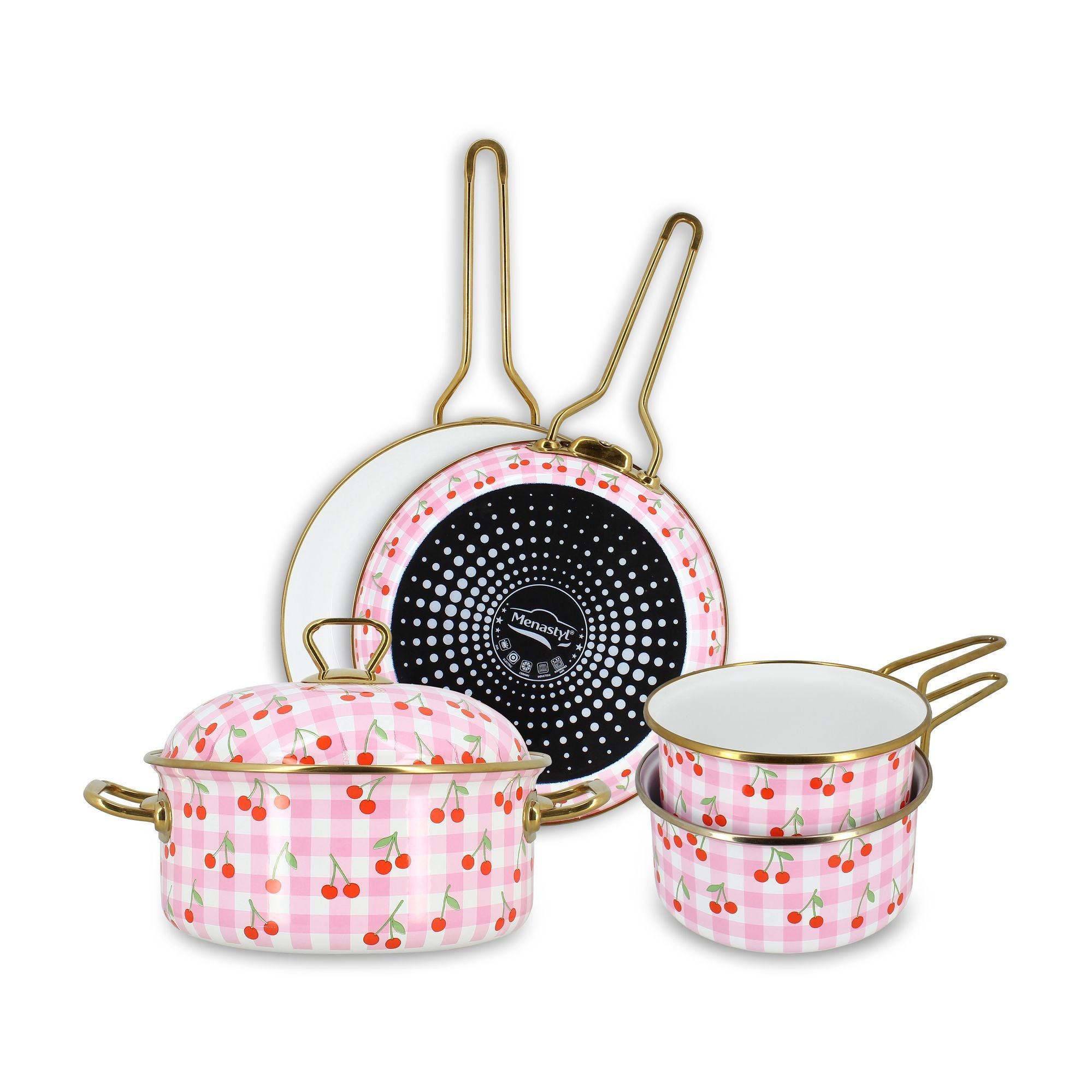 Set de 5 pièces Vichy Cerise Menastyl en acier émaillé rose à motifs cerises et carreaux vichy avec anses dorées