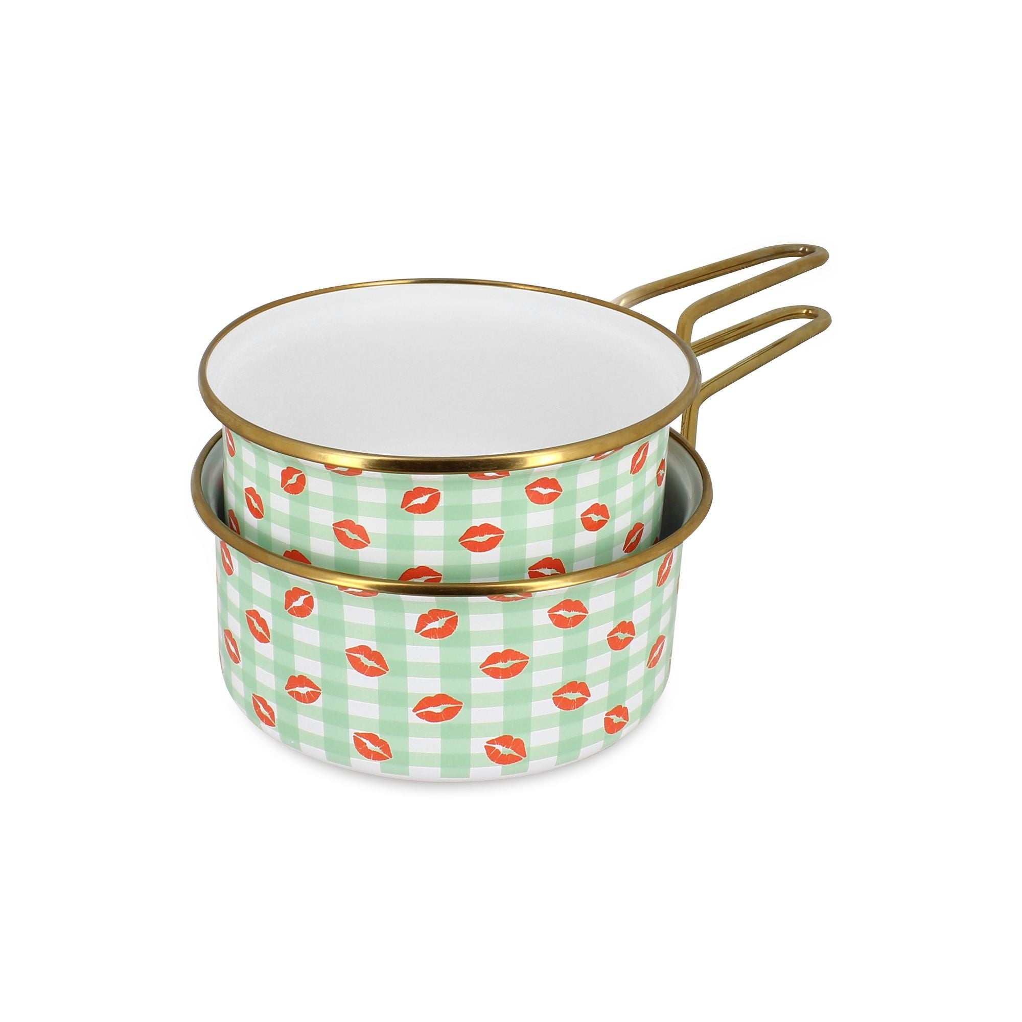 Lot de 2 casseroles Vichy en acier émaillé vert à motifs bisous et carreaux vichy, Menastyl