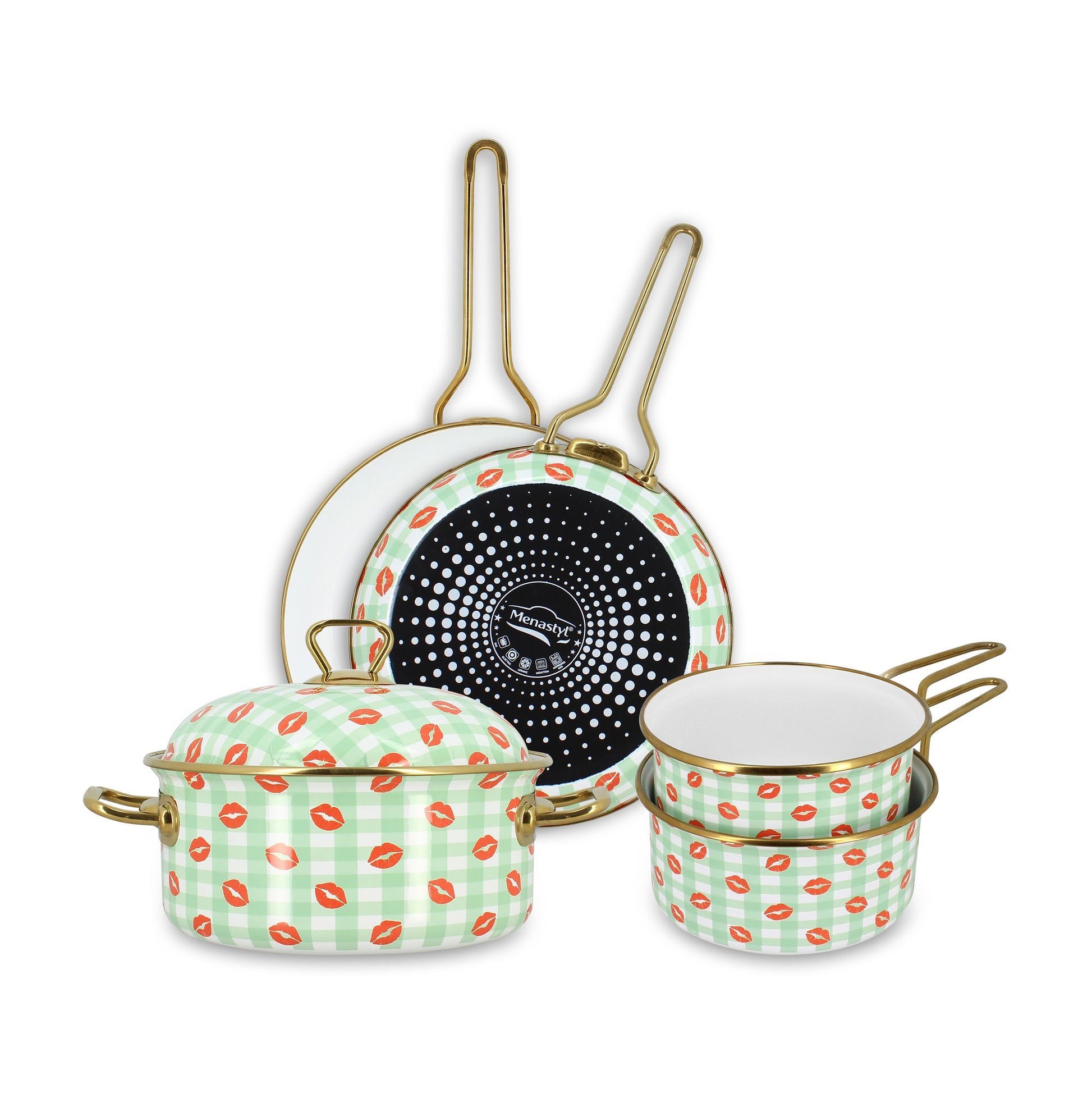 Set de 5 pièces Vichy Bisous Menastyl en acier émaillé motif carreaux verts et bisous rouges avec intérieur noir