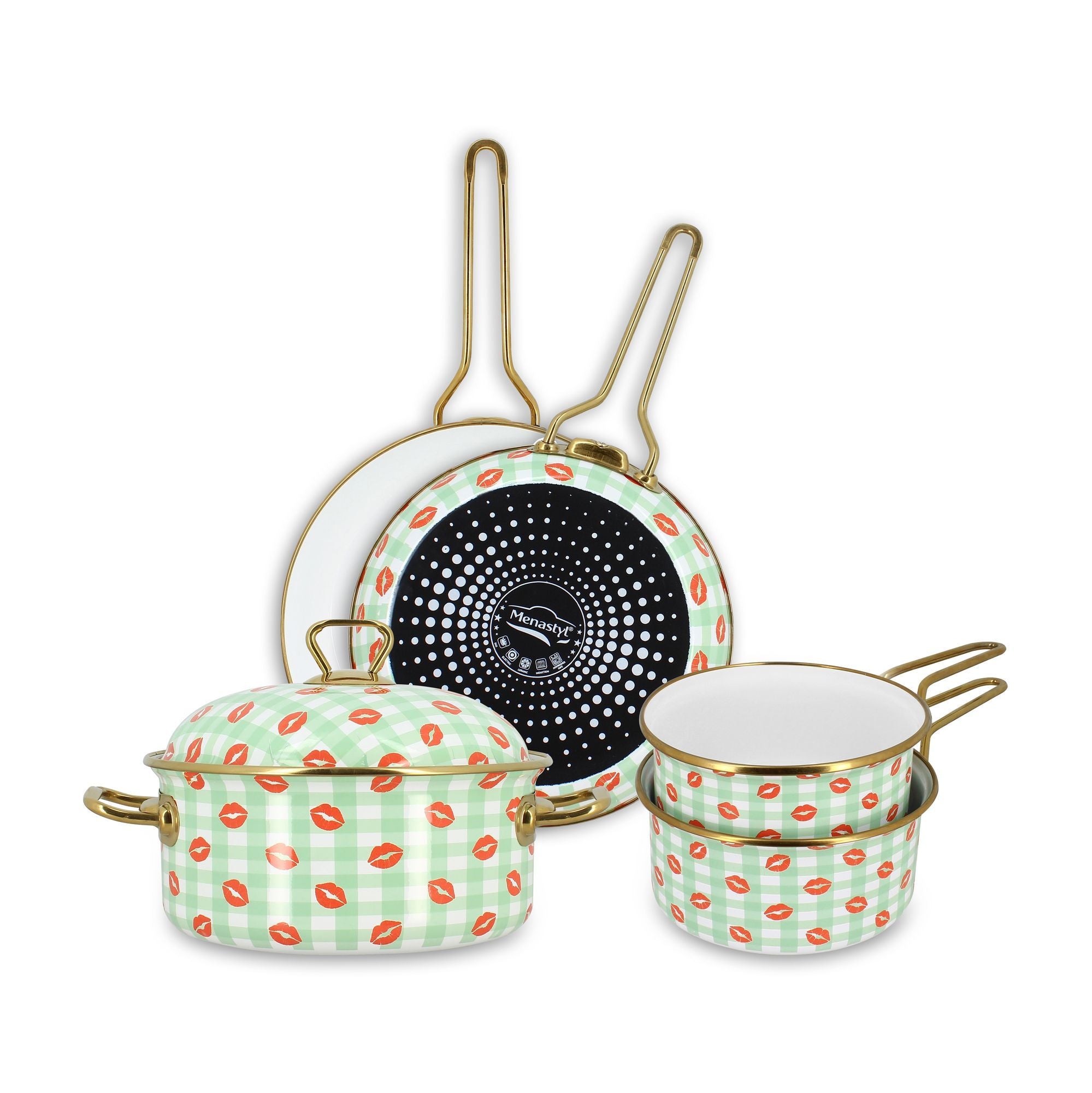 Set de 5 pièces Vichy Bisous Menastyl en acier émaillé motif carreaux verts et bisous rouges avec intérieur noir