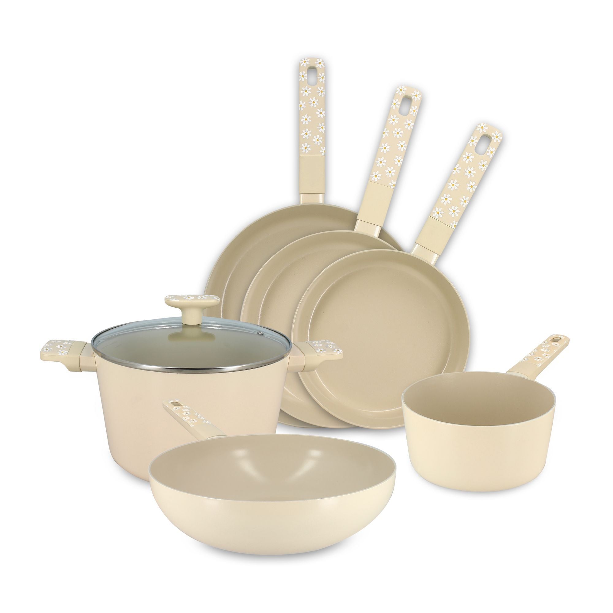 Lot de 6 pièces Marguerite Menastyl en aluminium beige avec poignées fleuries, casserole et poêles tous feux dont induction