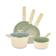 Set de 5 pièces Citron Menastyl en aluminium : 3 poêles, 1 casserole avec couvercle et 1 saucier beige et vert avec motif citron