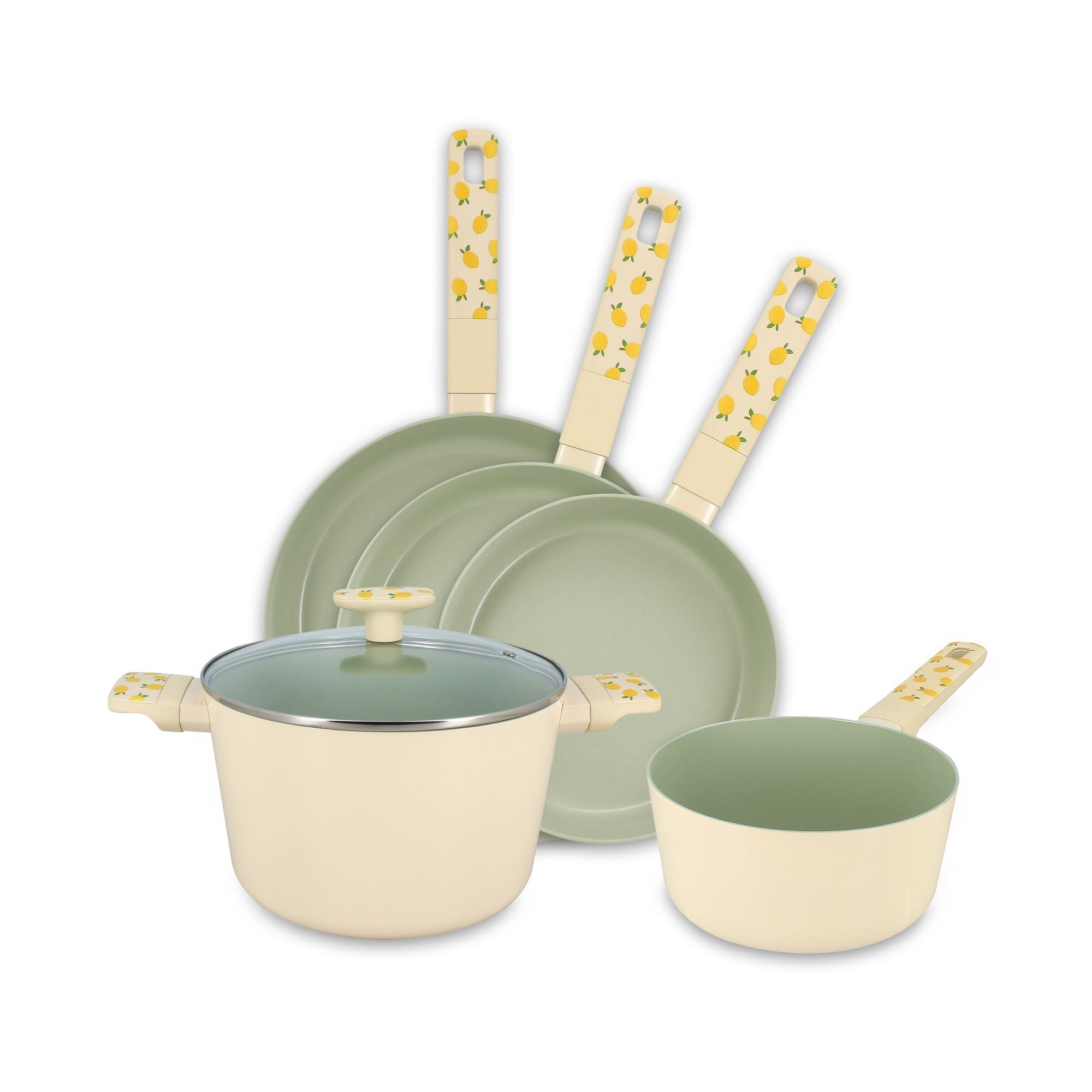 Set de 5 pièces Citron Menastyl en aluminium : 3 poêles, 1 casserole avec couvercle et 1 saucier beige et vert avec motif citron