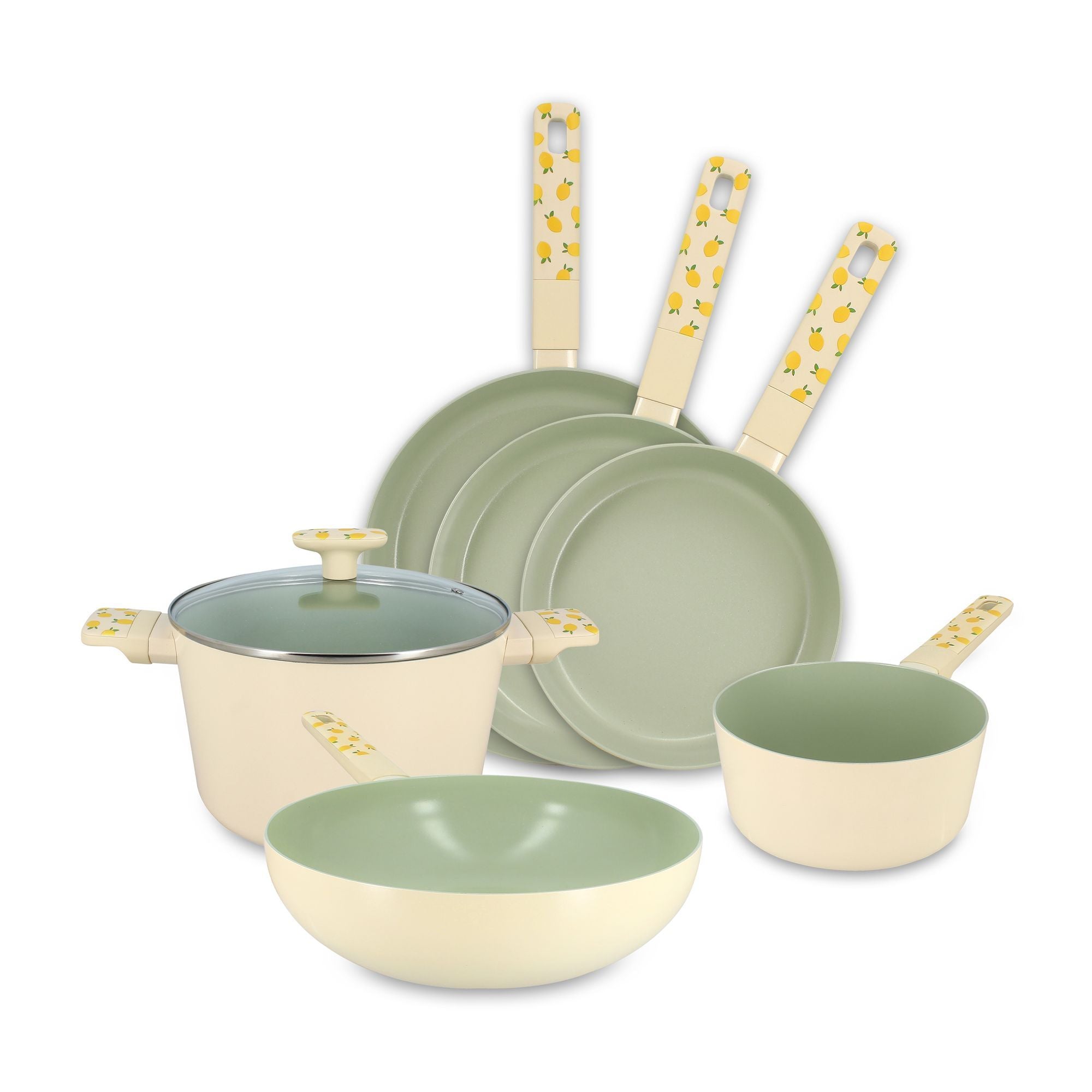 Set de 6 pièces Citron en aluminium Menastyl : casserole, poêles et sauteuse crème et vert pastel avec motif citron