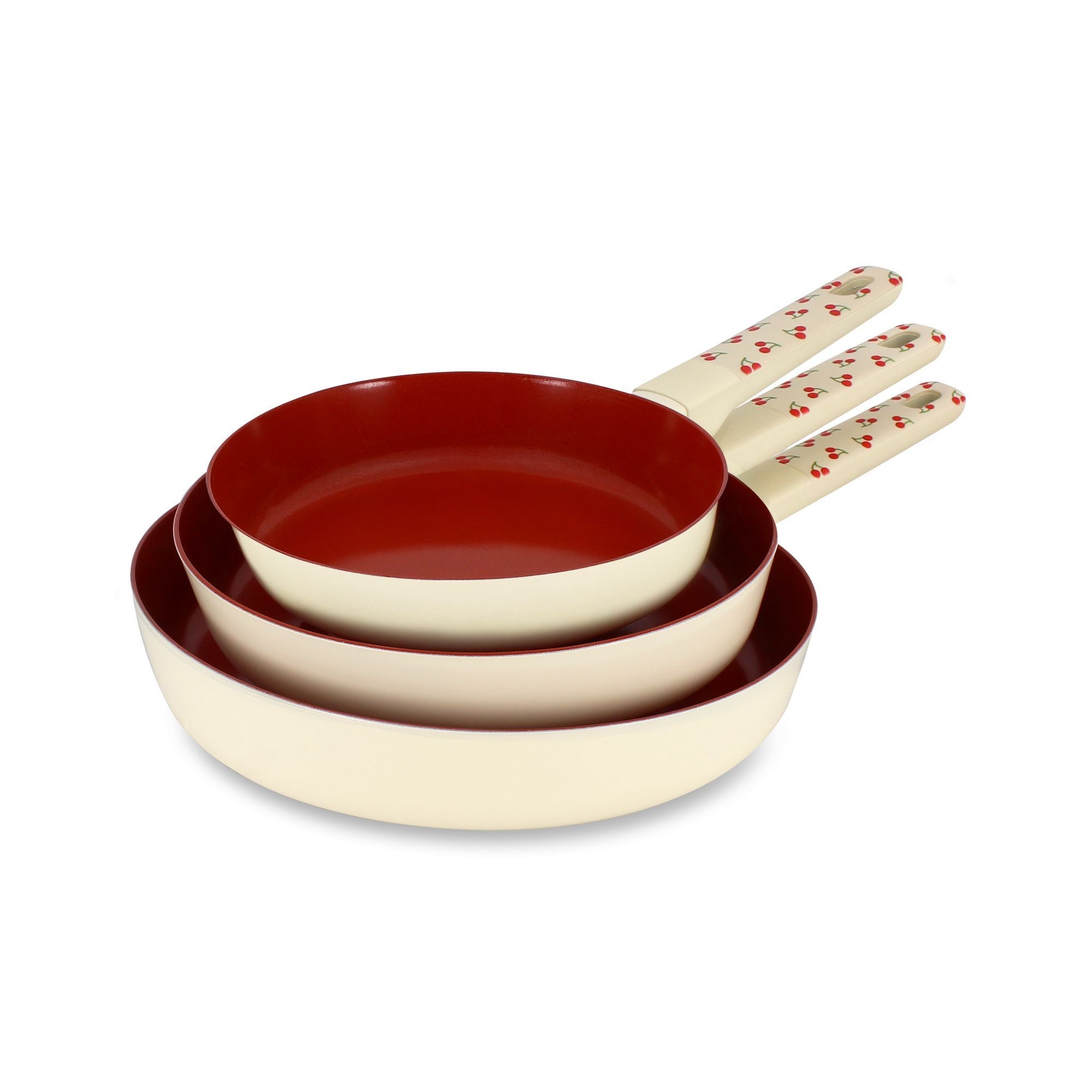 Lot de 3 poêles Cerise Menastyl en aluminium crème et rouge, empilées avec motif cerises sur les manches