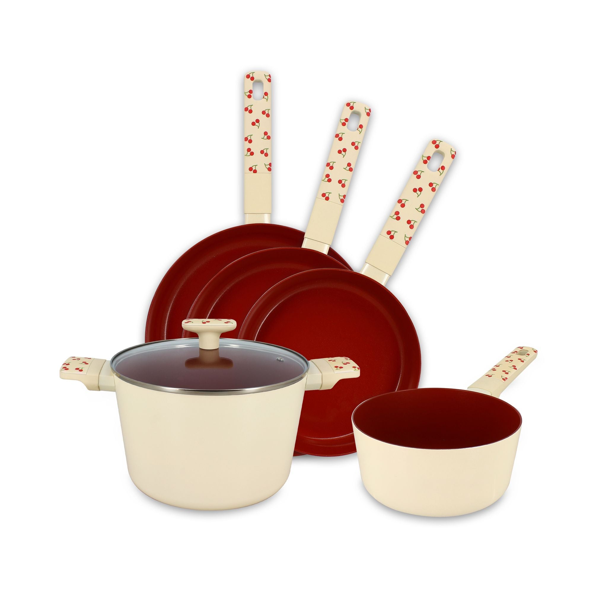 Set de 5 pièces Cerise Menastyl en aluminium crème et rouge bordeaux, avec 3 poêles et 2 casseroles à motif cerises
