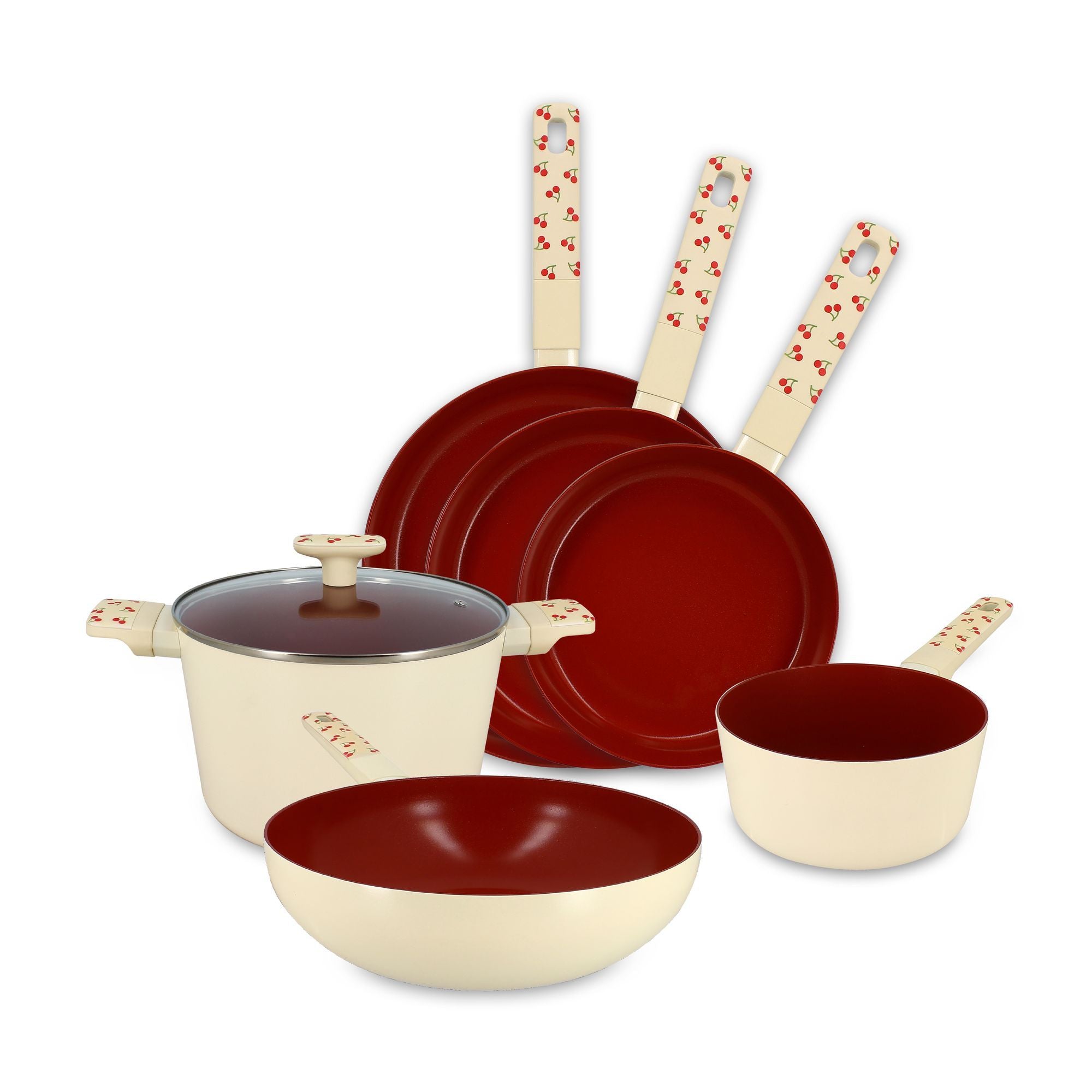 Set de 6 pièces Cerise Menastyl en aluminium crème et rouge, avec casseroles, poêles et couvercle à motif cerises