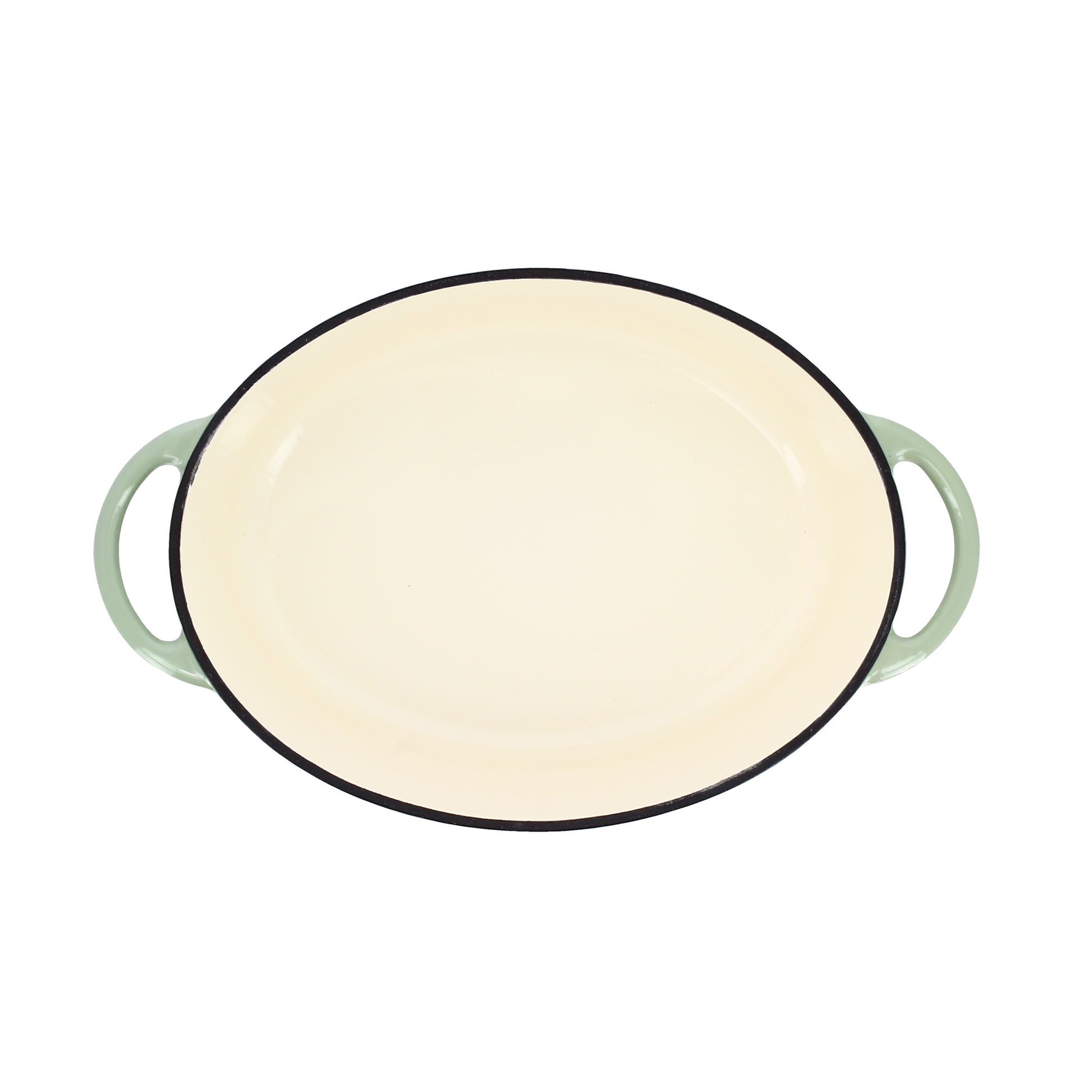 Vue de dessus cocotte ovale Colette 6.5L en fonte émaillée beige avec poignées vertes