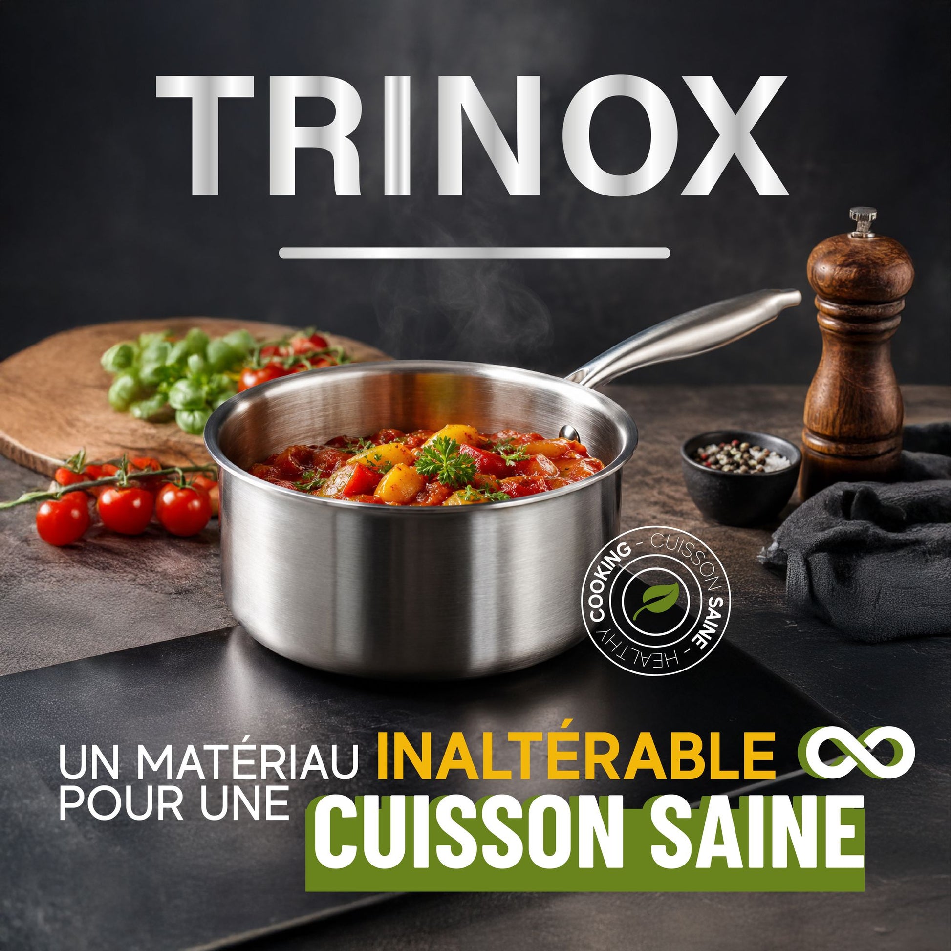 Casserole Trinox en acier inoxydable avec sauce tomate colorée, entourée d'ingrédients frais et épices sur fond sombre