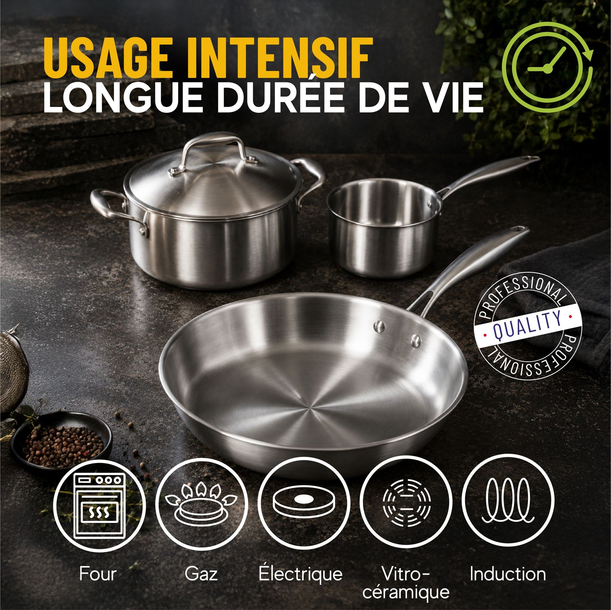 Batterie de cuisine Trinox en acier inoxydable triple couche sur plaque à induction, usage intensif professionnel