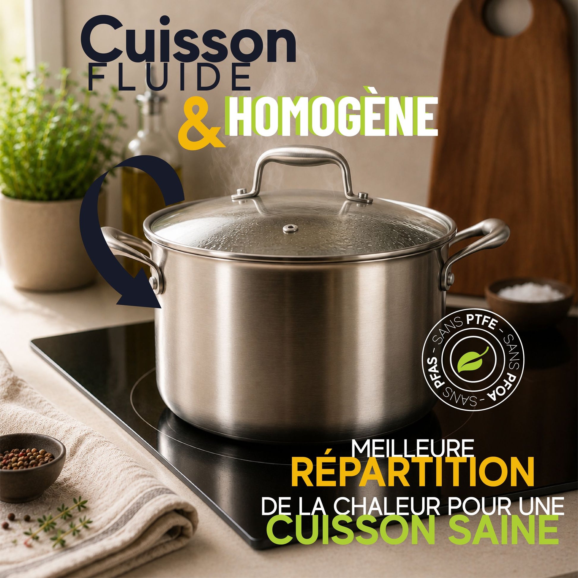Faitout Trinox en acier inoxydable sur plaque induction, avec couvercle en verre et label sans PTFE, cuisson homogène et saine