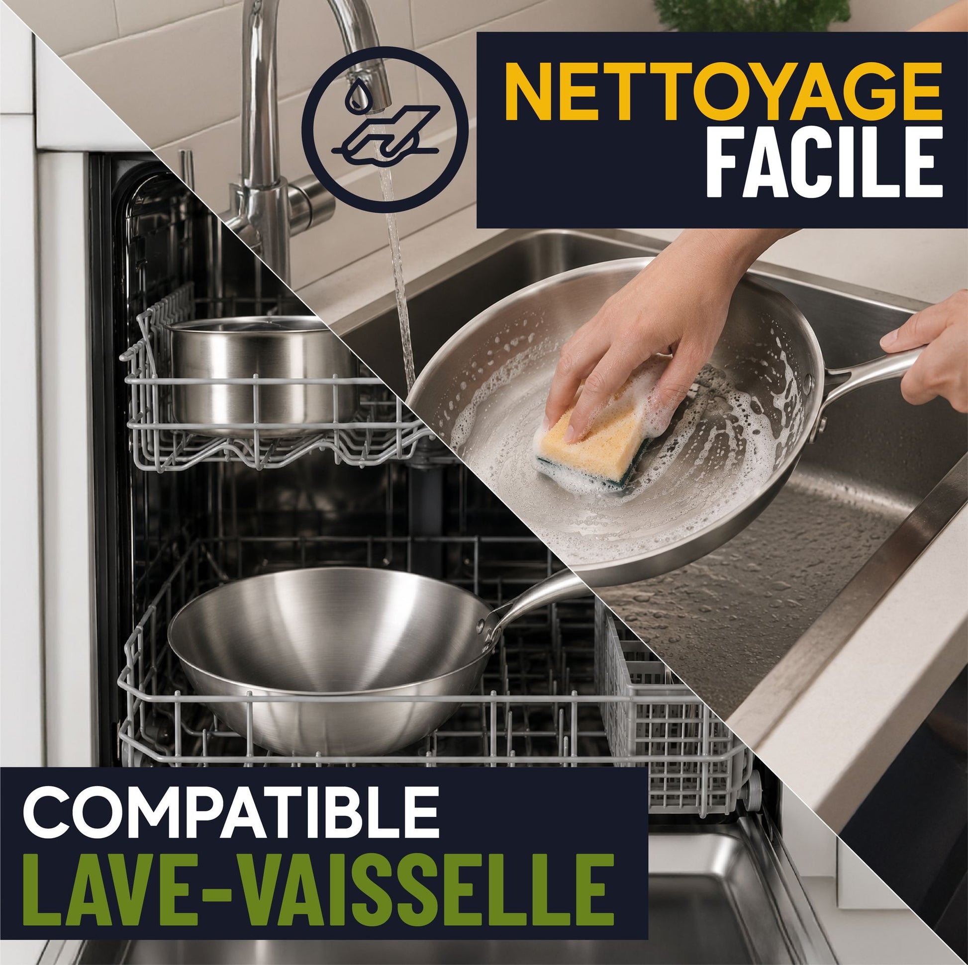 Faitout Trinox en acier inoxydable compatible lave-vaisselle, nettoyage facile sous l'eau