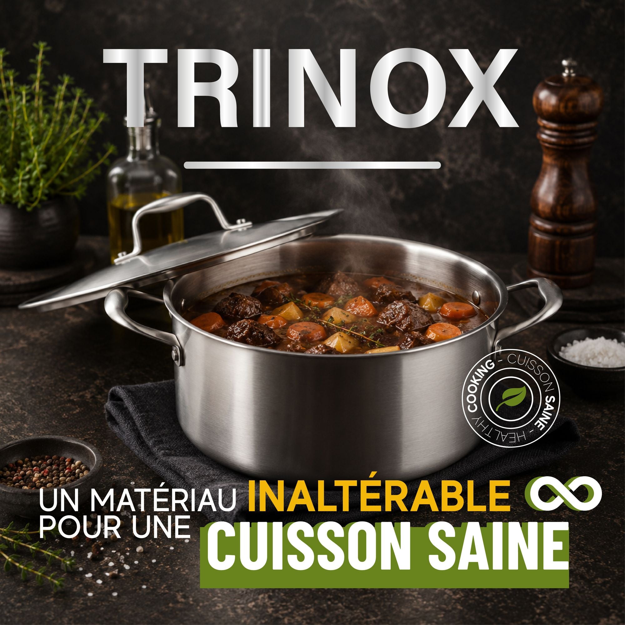 Faitout Trinox 24cm en inox triple couche avec couvercle, contenant un ragoût de bœuf mijoté aux légumes