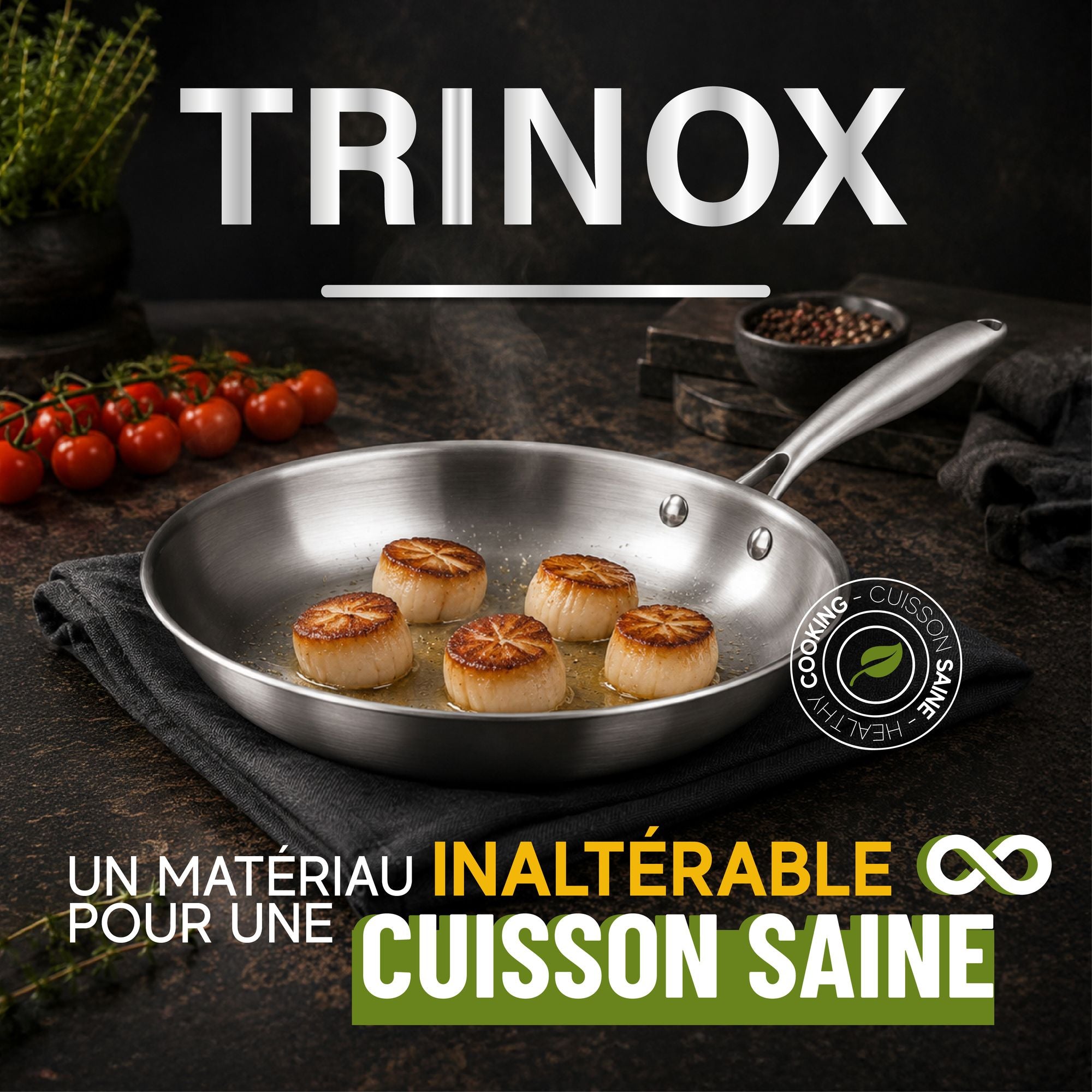 Poêle Trinox en inox avec Saint-Jacques dorées, vue d'ambiance culinaire avec tomates et épices