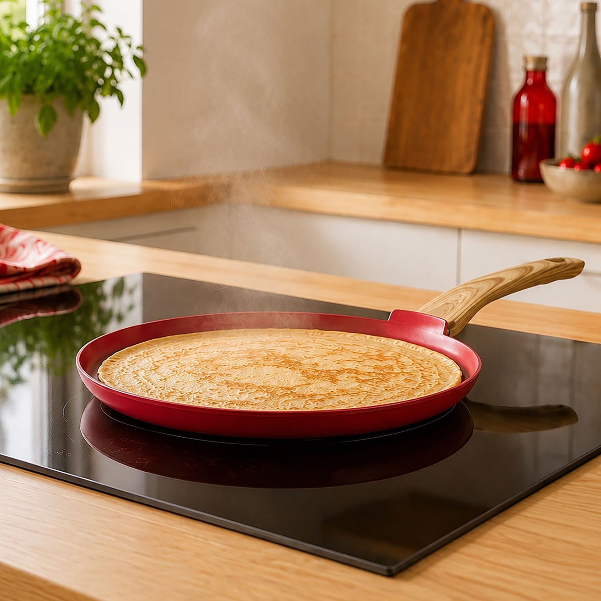 Crêpière Colorama 26 cm rouge avec crêpe dorée sur plaque induction, handle en bois, cuisine moderne