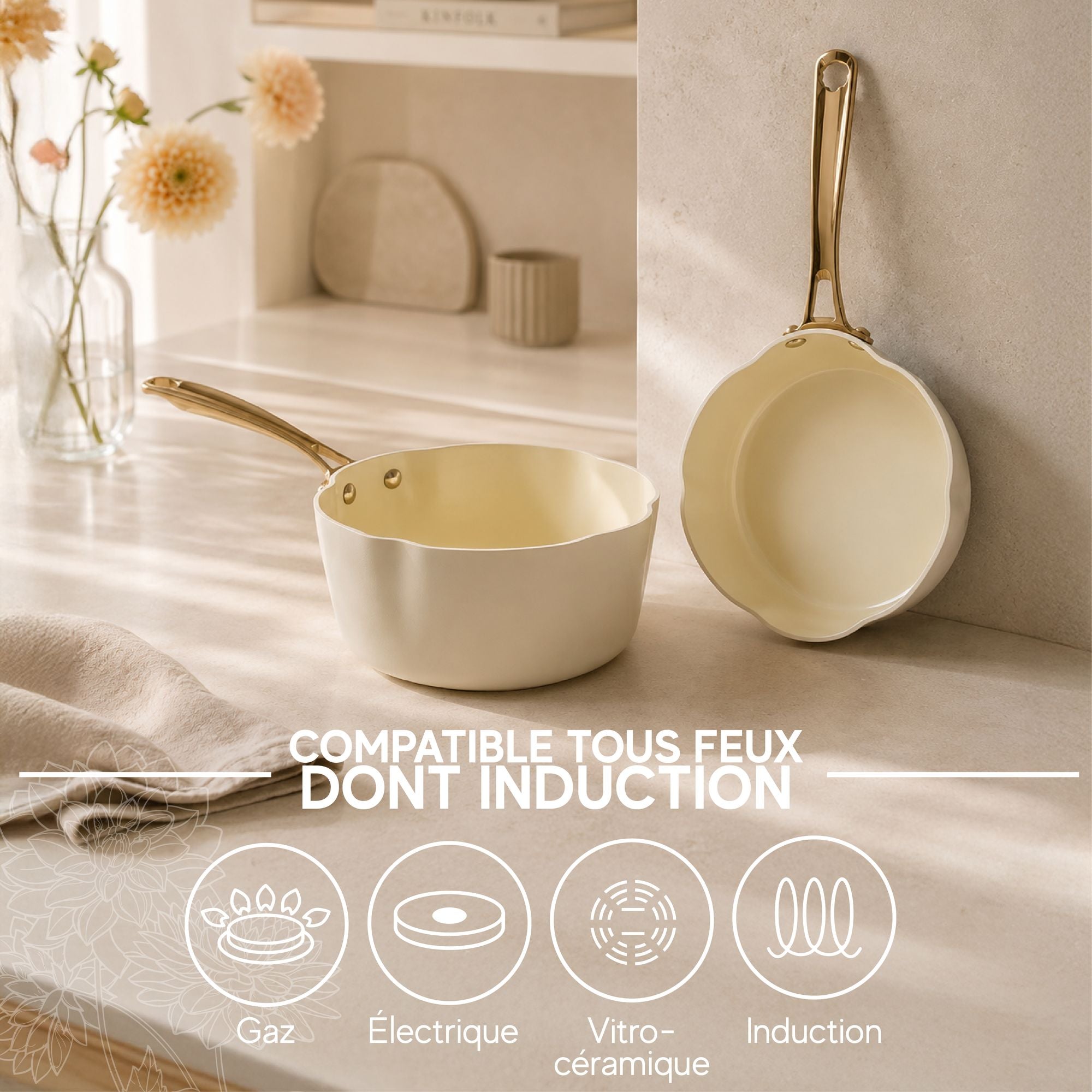 Dahlia 20 cm casserole in beige recycled aluminum