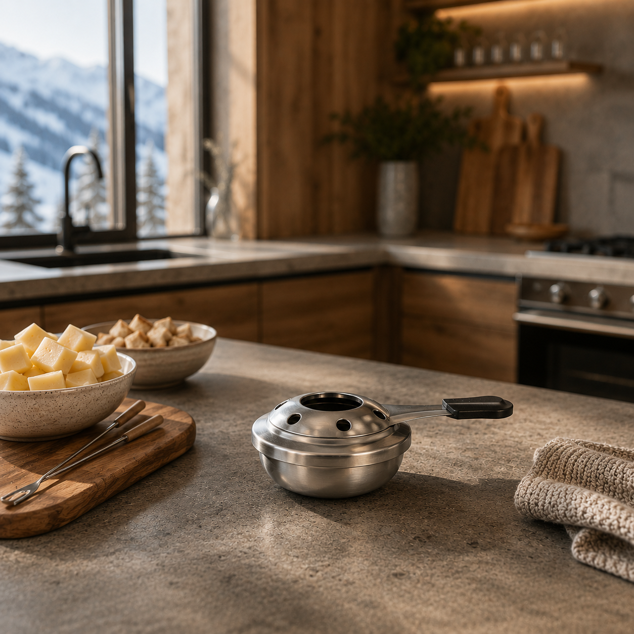 Brûleur à fondue en acier inoxydable posé sur plan de travail, cuisine moderne avec vue montagne en arrière-plan